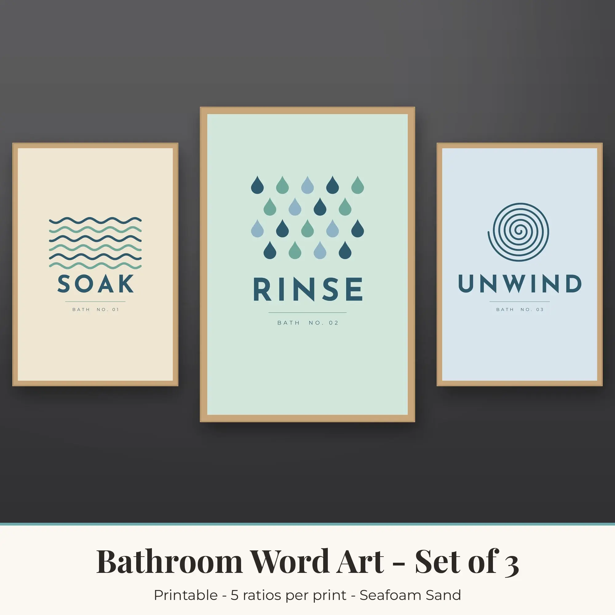 Bathroom Word Art Set of 3: Soak, Rinse, Unwind Typographic Prints preview