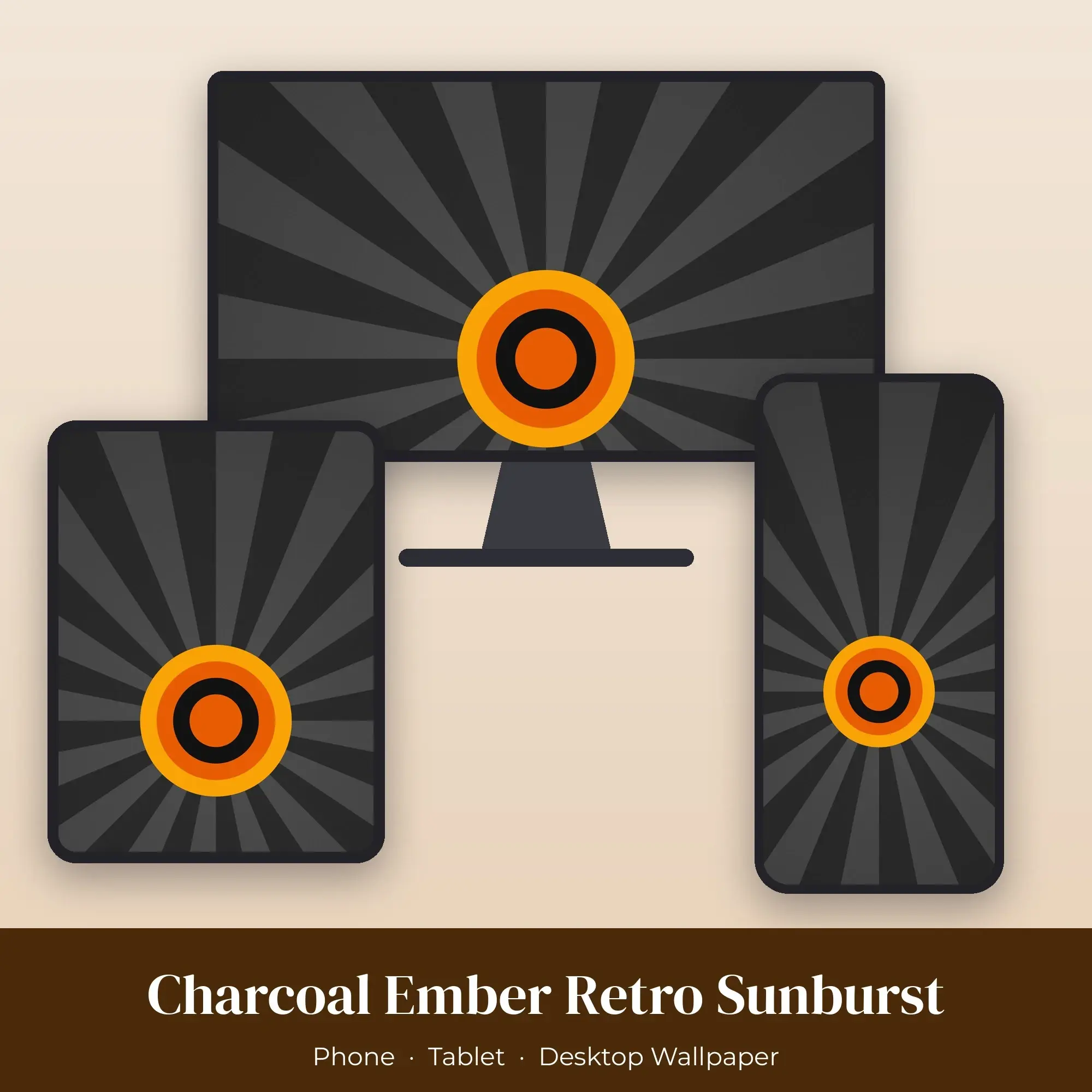 Charcoal Ember Retro Sunburst Wallpaper Set – Phone, Tablet & Desktop preview