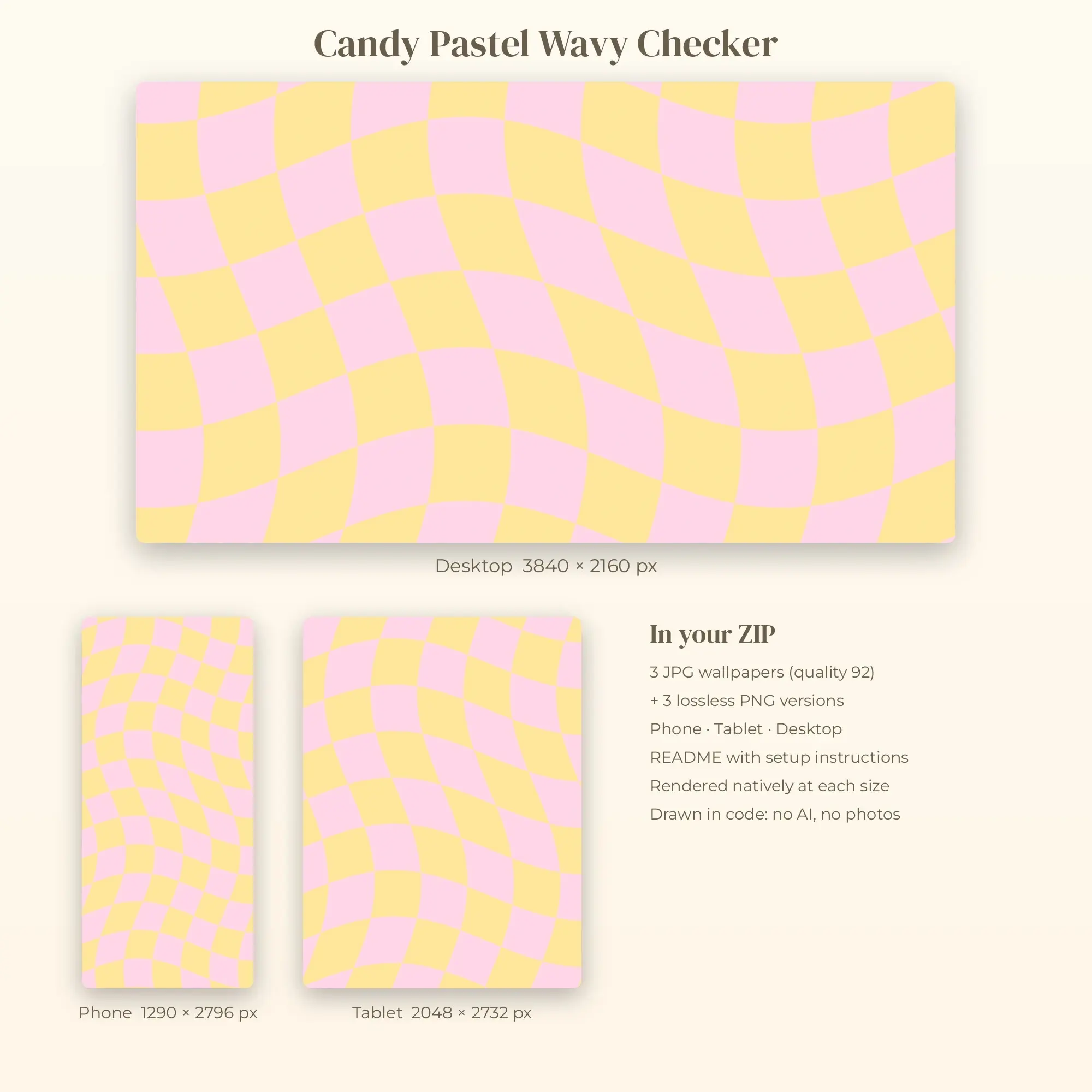 Candy Pastel Wavy Checker Wallpaper Set – Phone, Tablet & Desktop, preview 2 of 2