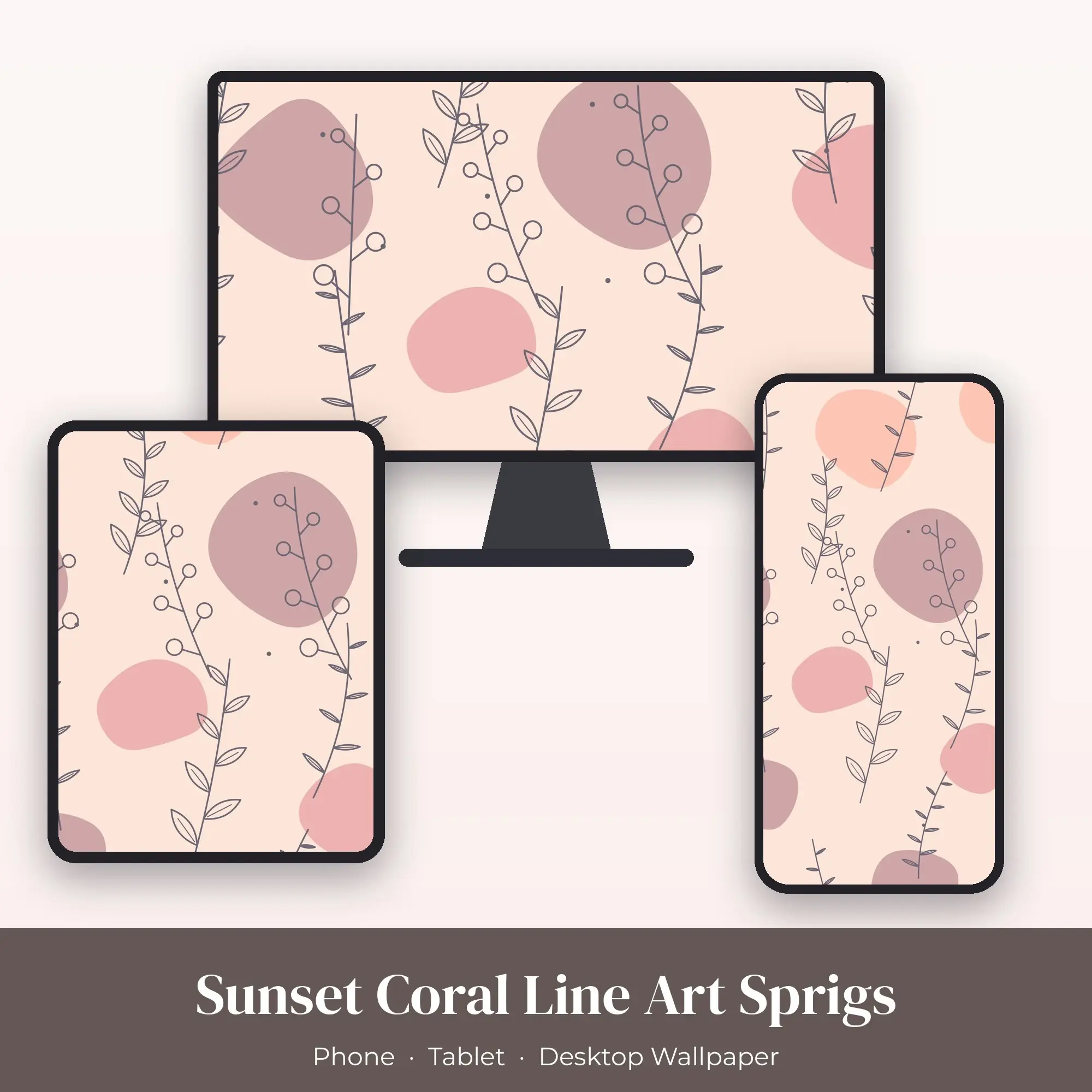 Sunset Coral Line Art Sprigs Wallpaper Set – Phone, Tablet & Desktop preview