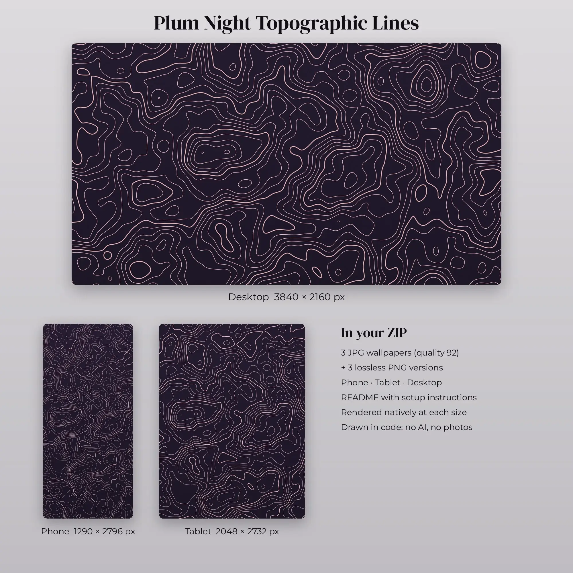 Plum Night Topographic Lines Wallpaper Set – Phone, Tablet & Desktop, preview 2 of 2