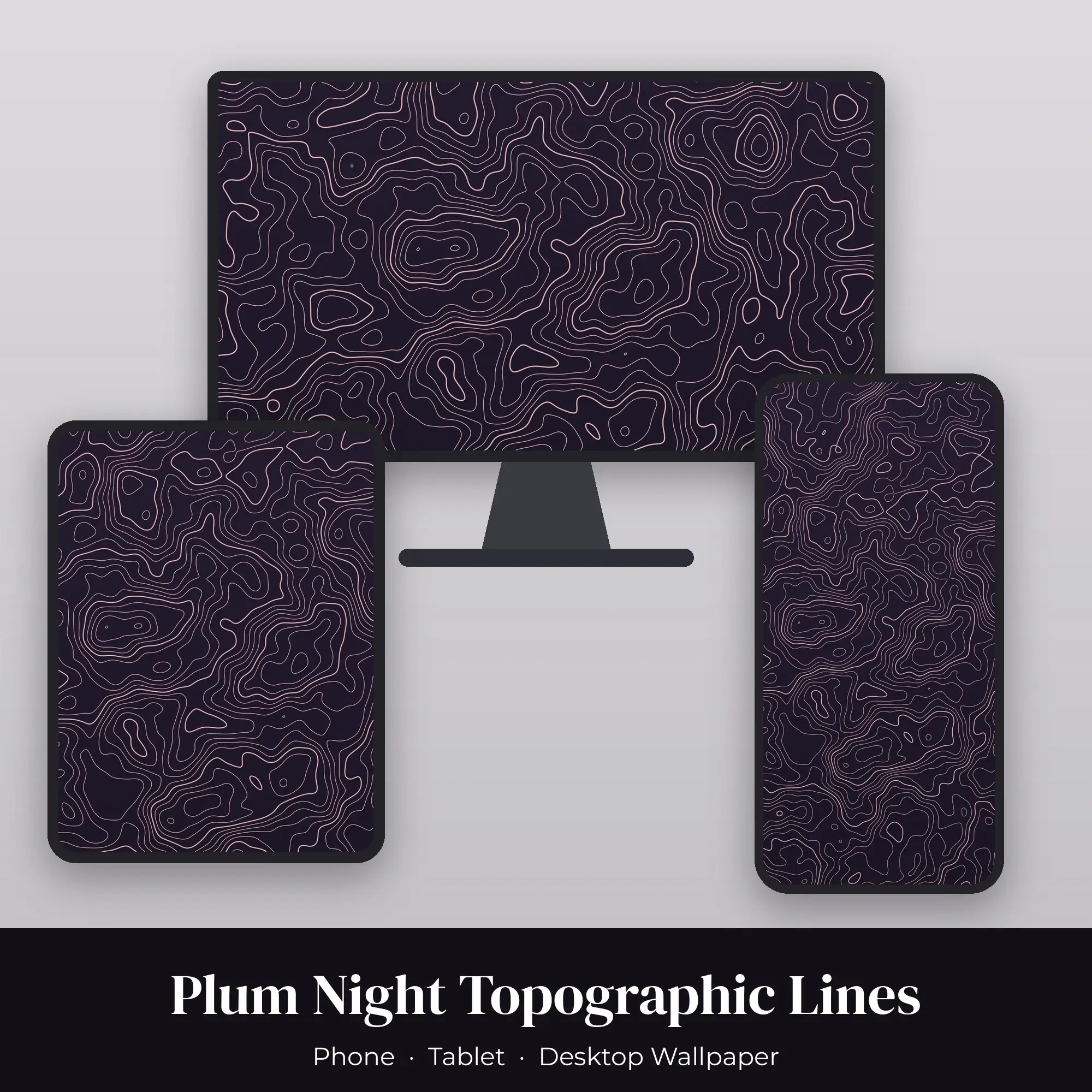 Plum Night Topographic Lines Wallpaper Set – Phone, Tablet & Desktop preview