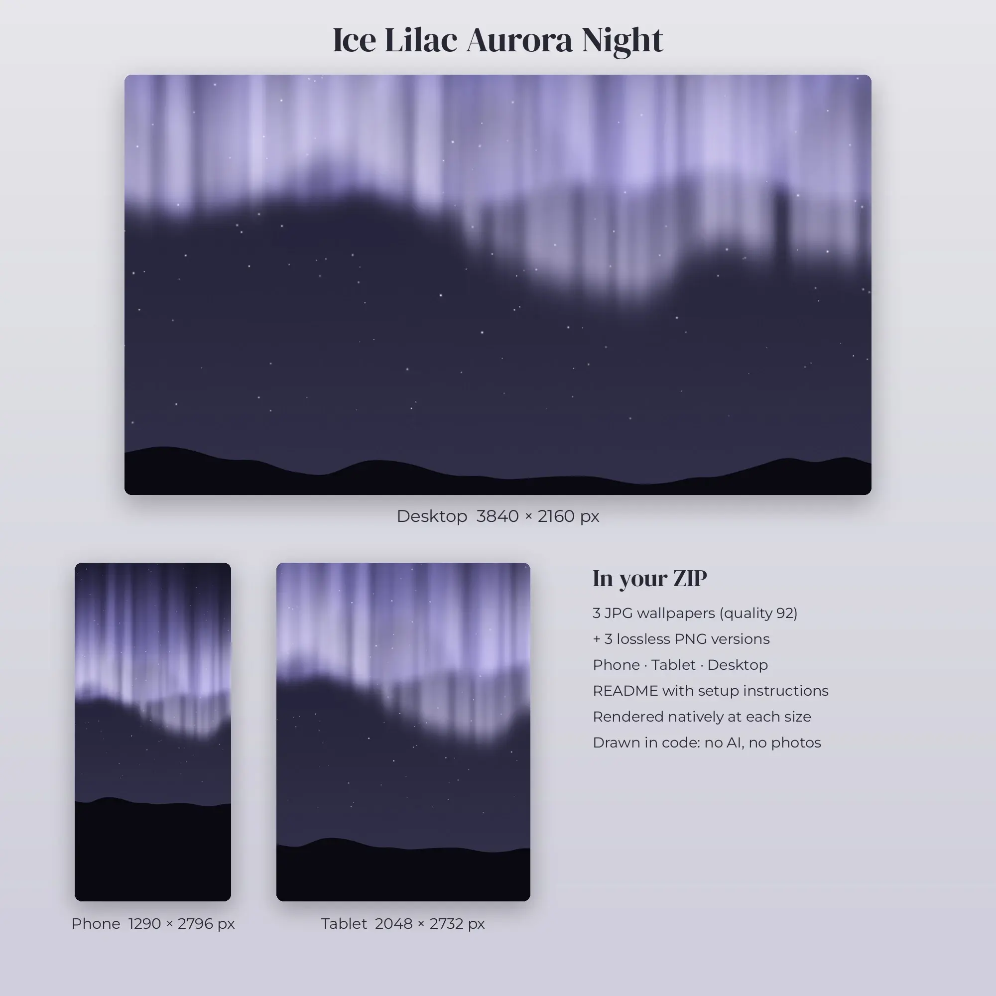 Ice Lilac Aurora Night Wallpaper Set – Phone, Tablet & Desktop, preview 2 of 2