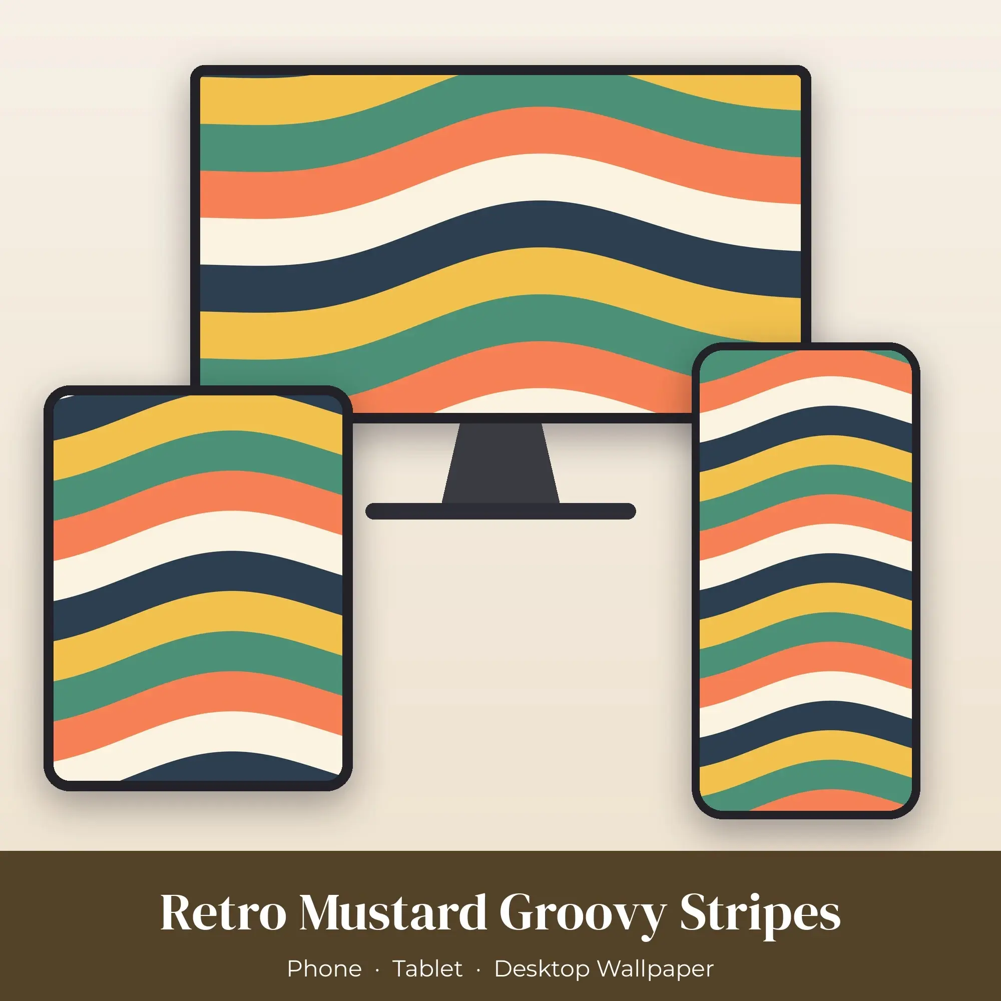 Retro Mustard Groovy Stripes Wallpaper Set – Phone, Tablet & Desktop preview
