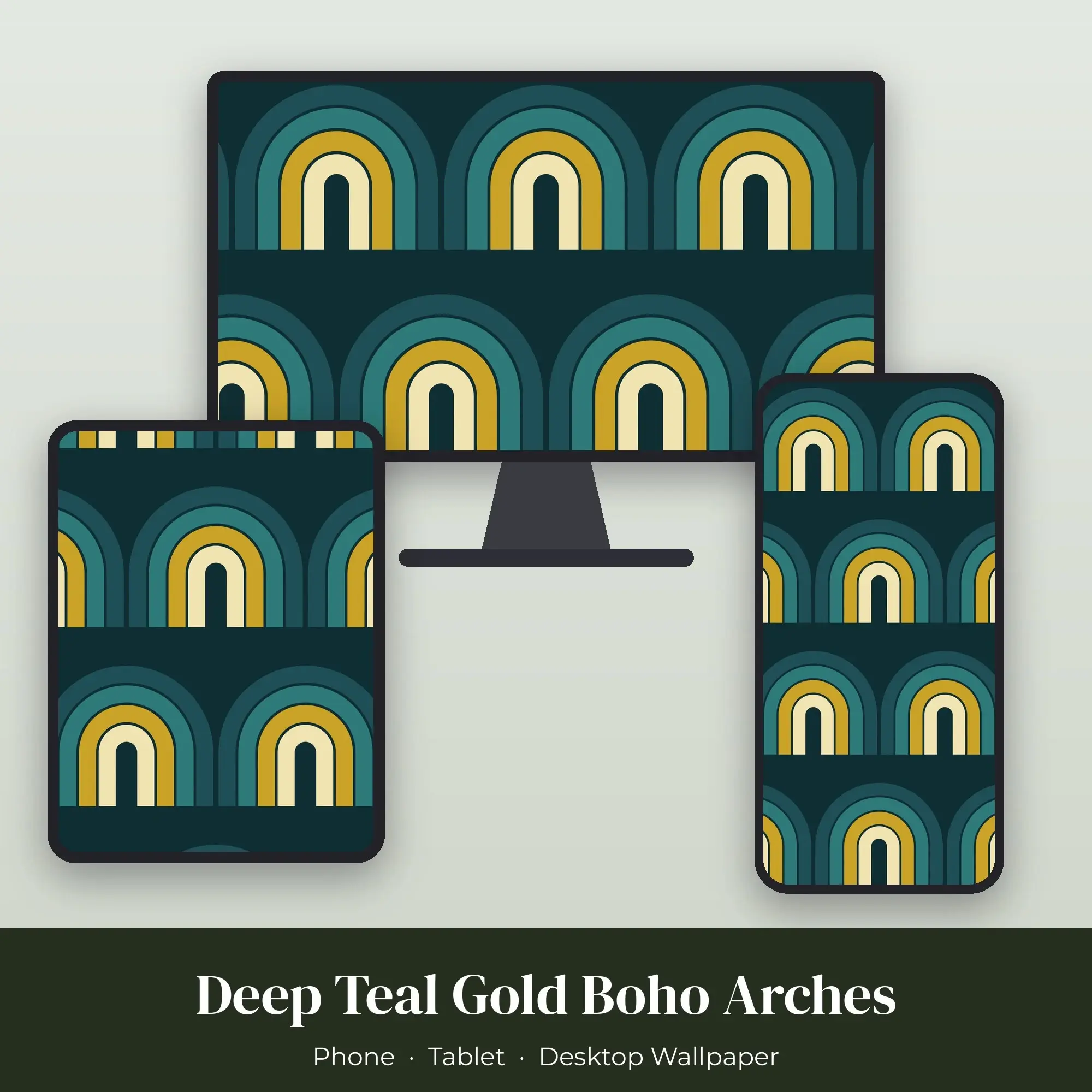 Deep Teal Gold Boho Arches Wallpaper Set – Phone, Tablet & Desktop preview