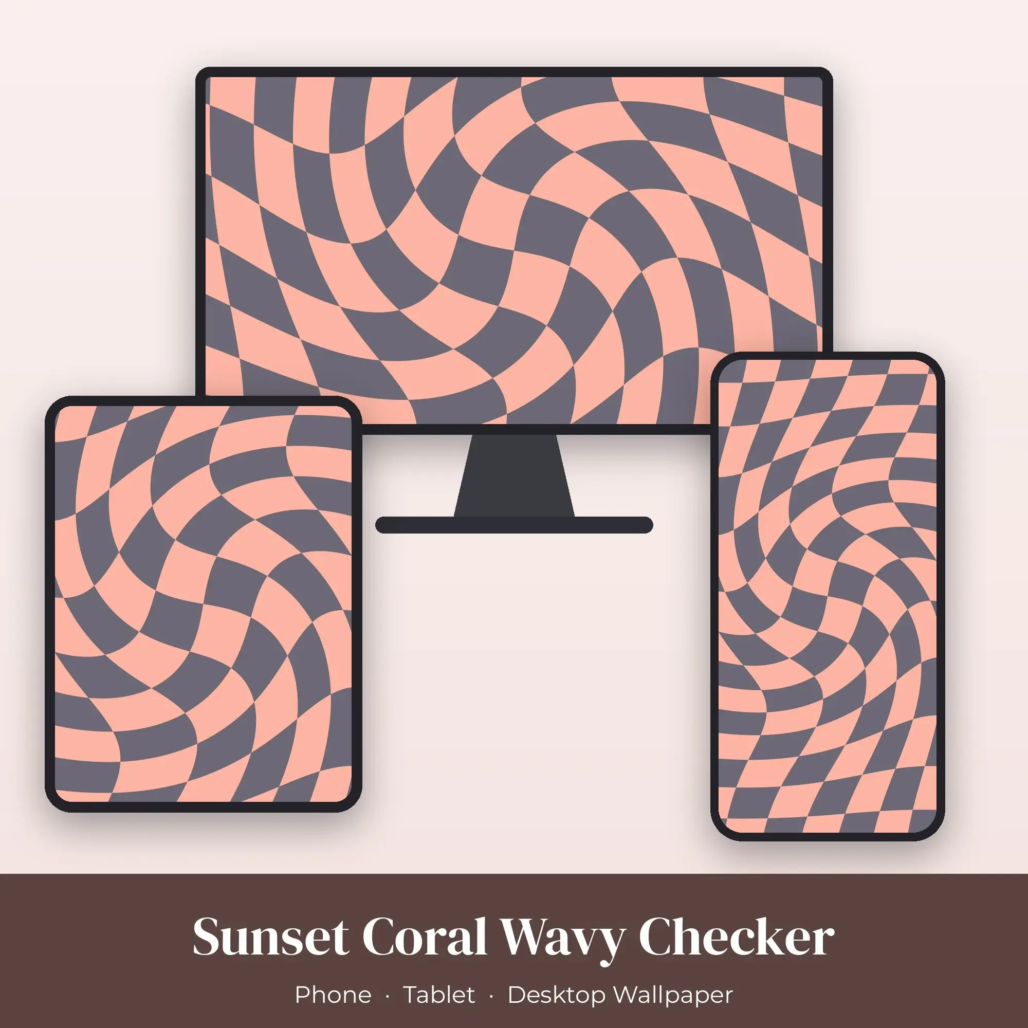 Sunset Coral Wavy Checker Wallpaper Set – Phone, Tablet & Desktop preview
