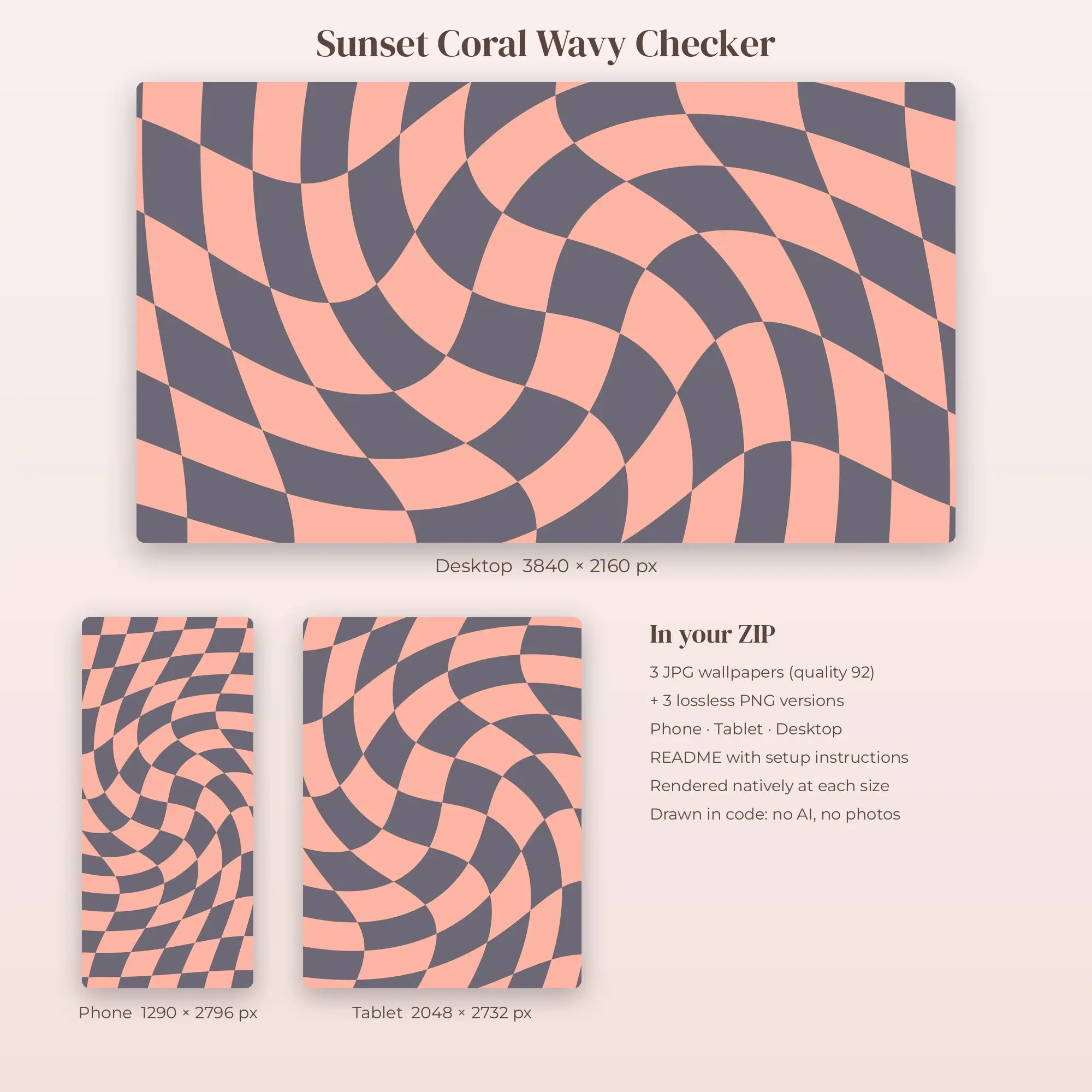 Sunset Coral Wavy Checker Wallpaper Set – Phone, Tablet & Desktop, preview 2 of 2