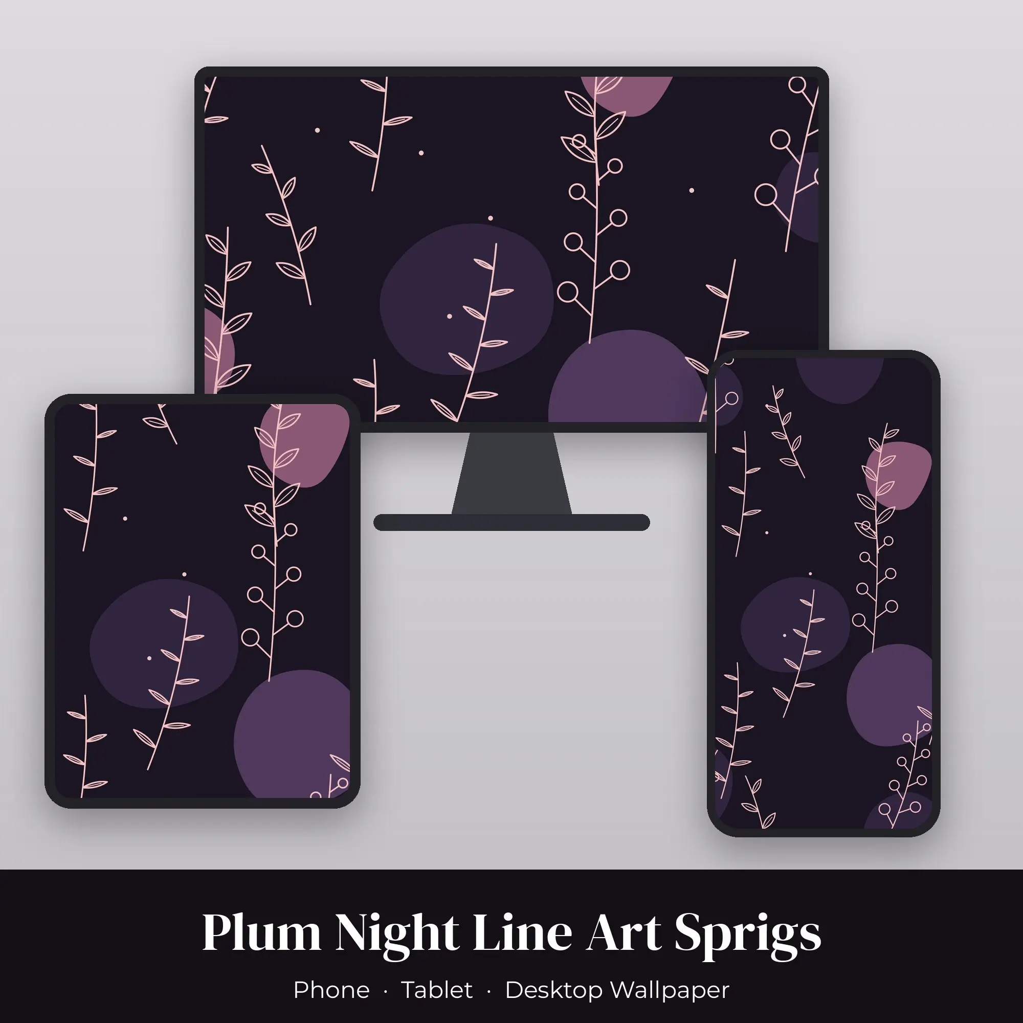 Plum Night Line Art Sprigs Wallpaper Set – Phone, Tablet & Desktop preview