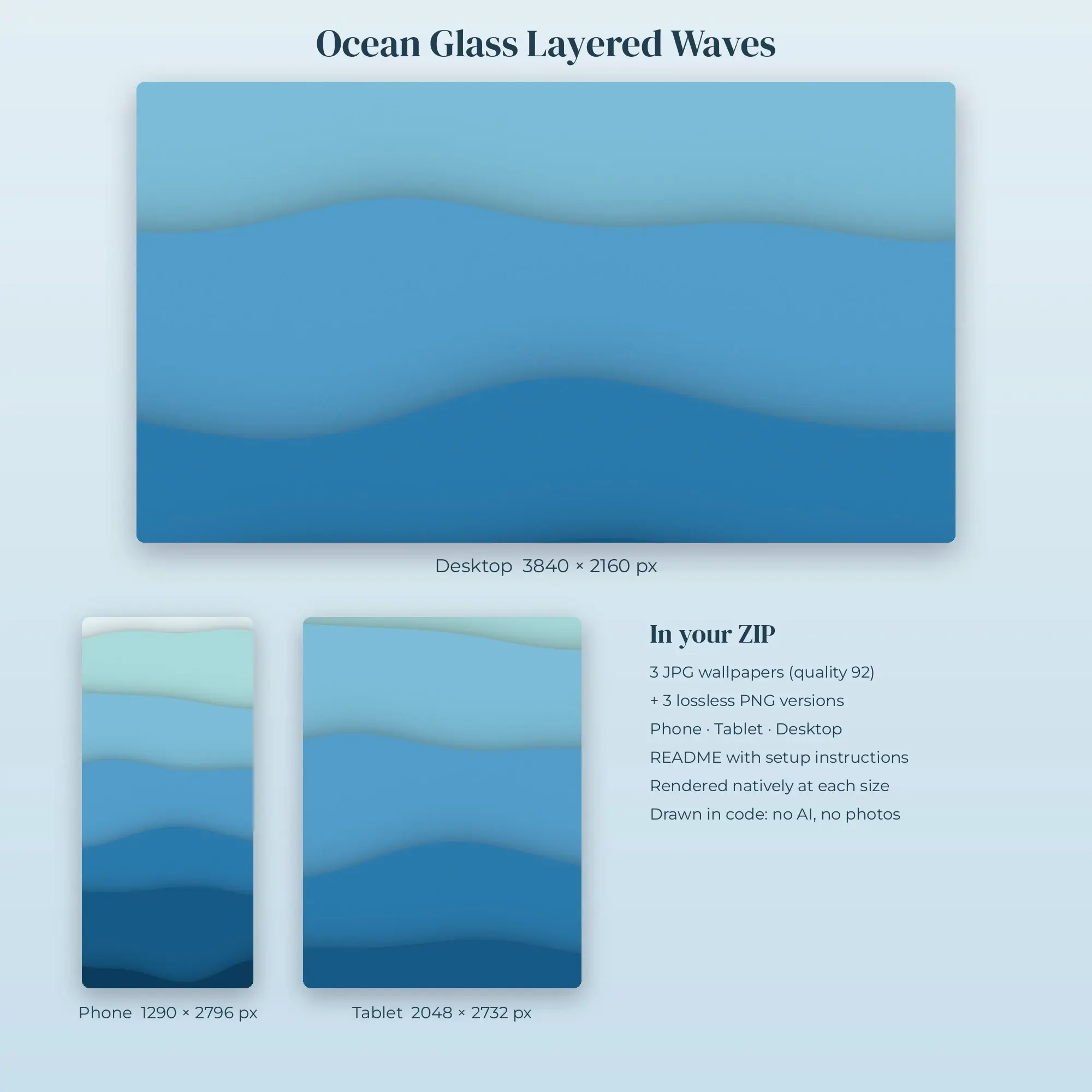 Ocean Glass Layered Waves Wallpaper Set – Phone, Tablet & Desktop, preview 2 of 2