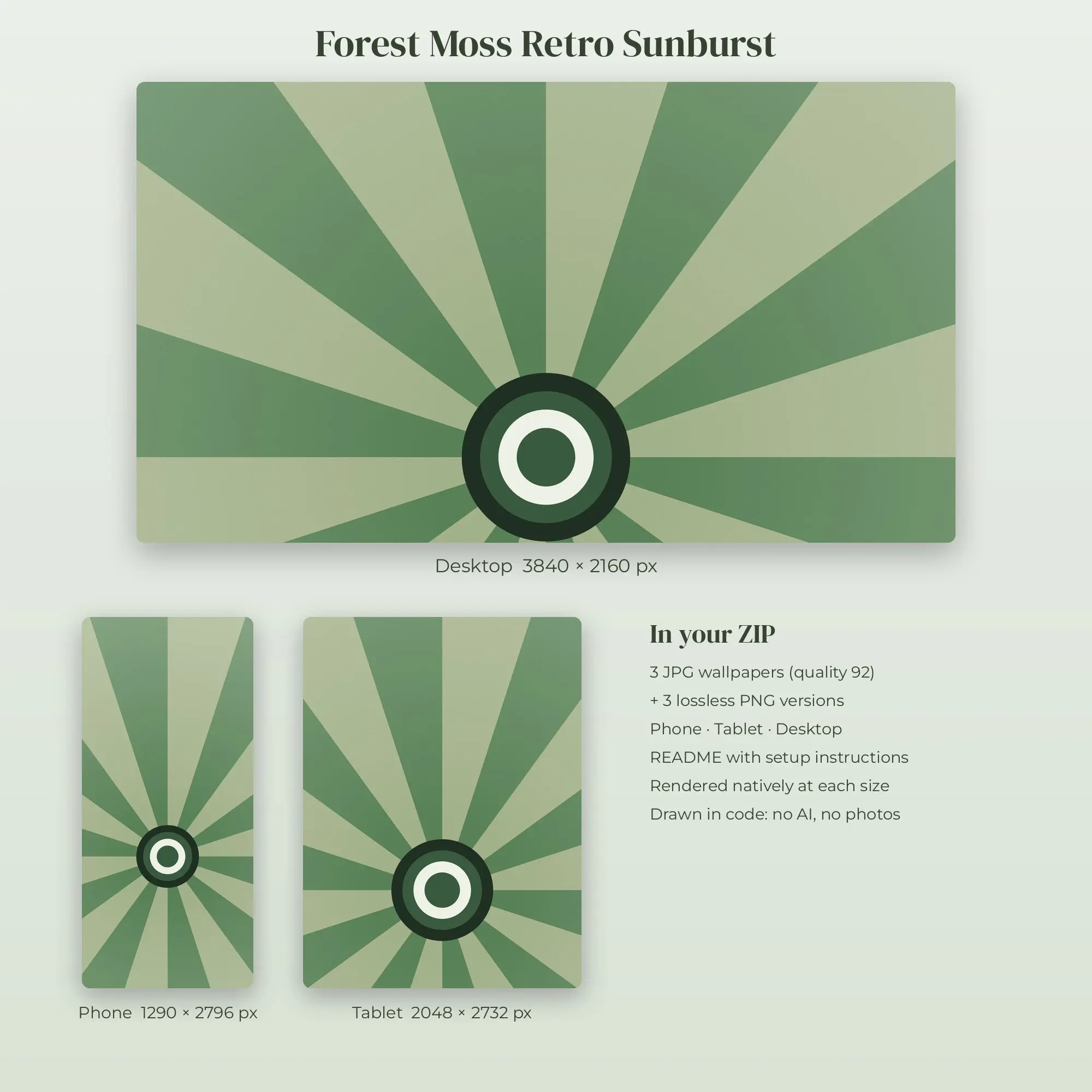 Forest Moss Retro Sunburst Wallpaper Set – Phone, Tablet & Desktop, preview 2 of 2
