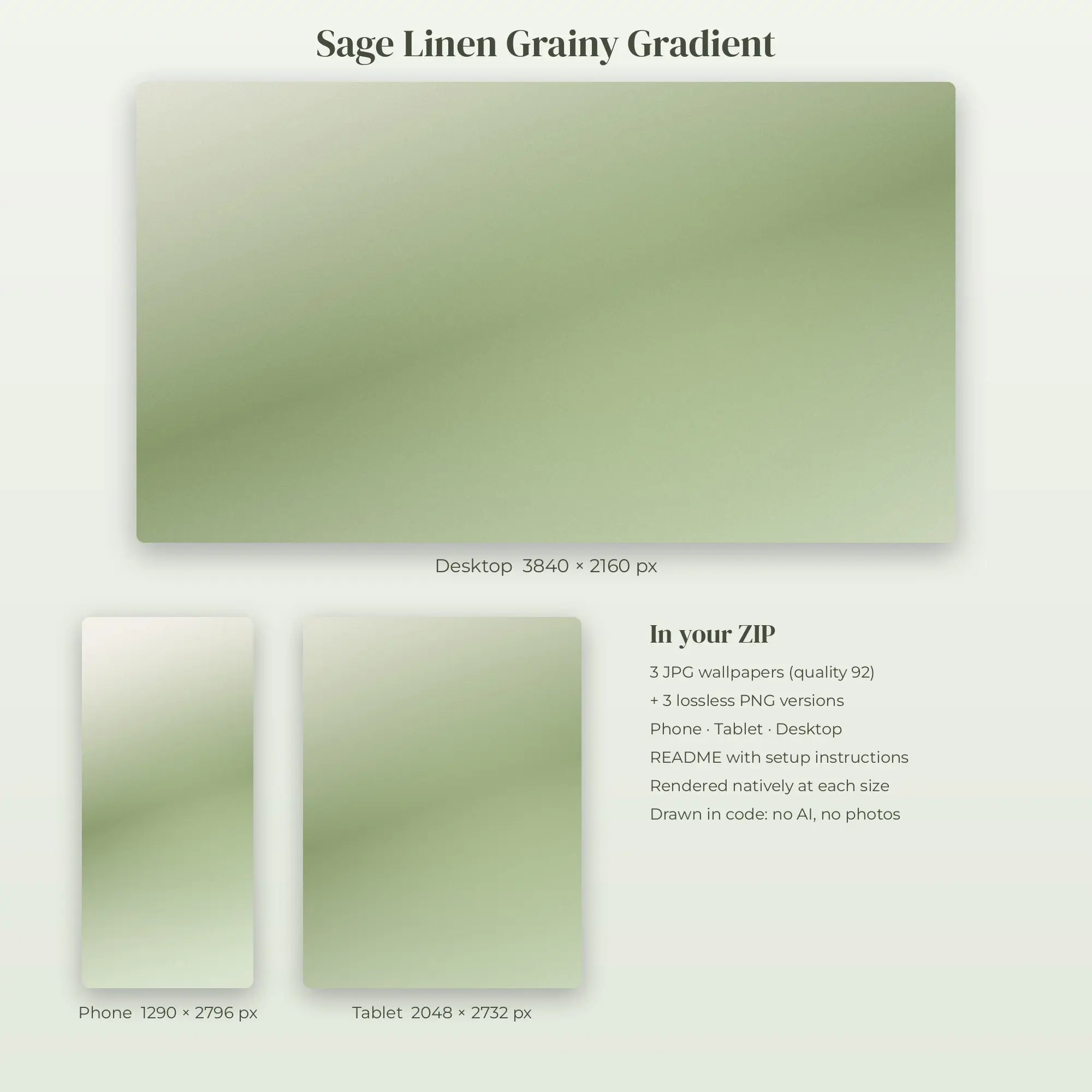 Sage Linen Grainy Gradient Wallpaper Set – Phone, Tablet & Desktop, preview 2 of 2