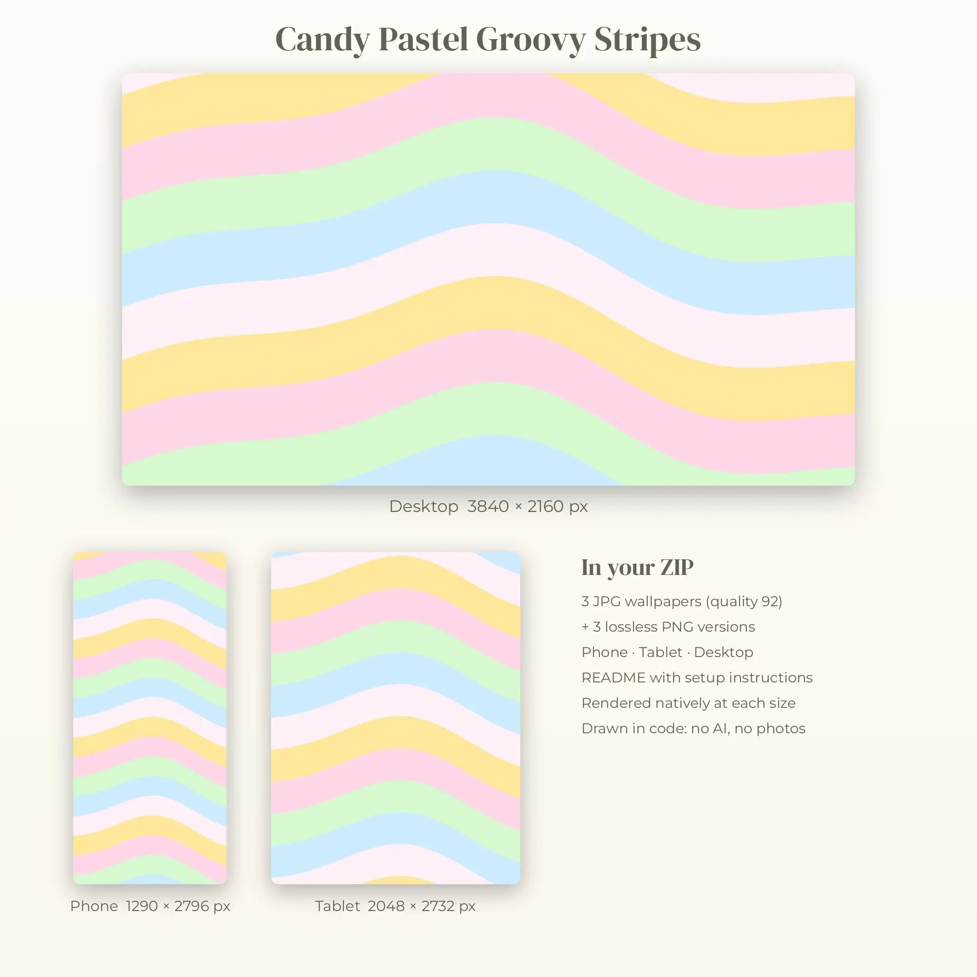 Candy Pastel Groovy Stripes Wallpaper Set – Phone, Tablet & Desktop, preview 2 of 2