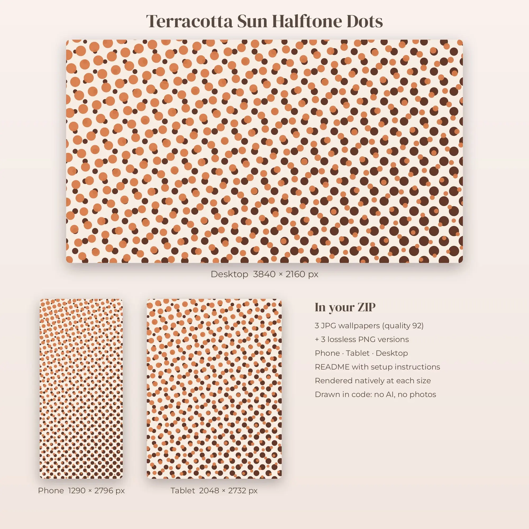 Terracotta Sun Halftone Dots Wallpaper Set – Phone, Tablet & Desktop, preview 2 of 2