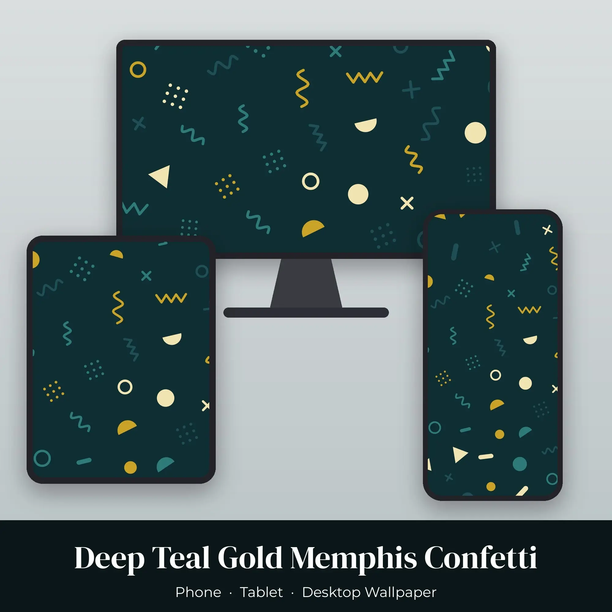 Deep Teal Gold Memphis Confetti Wallpaper – Phone & Desktop preview