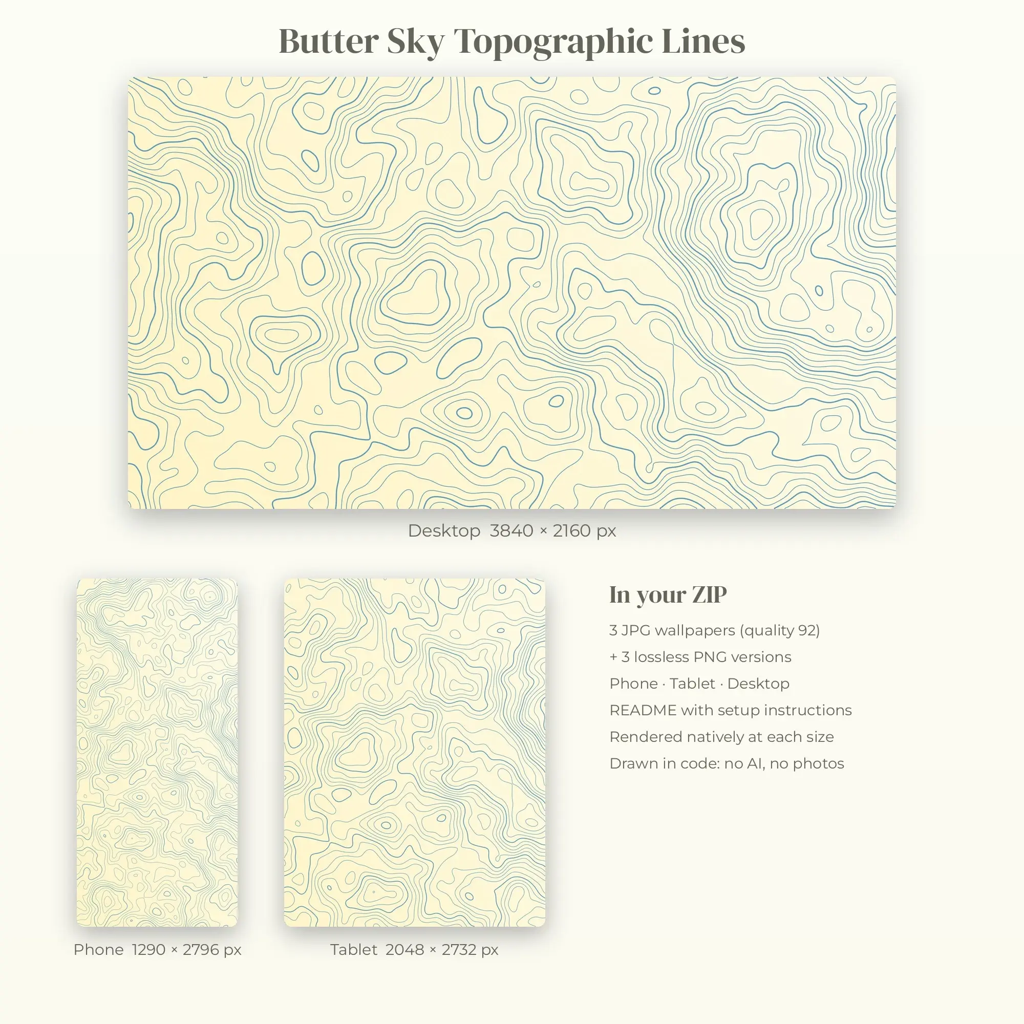 Butter Sky Topographic Lines Wallpaper Set – Phone, Tablet & Desktop, preview 2 of 2