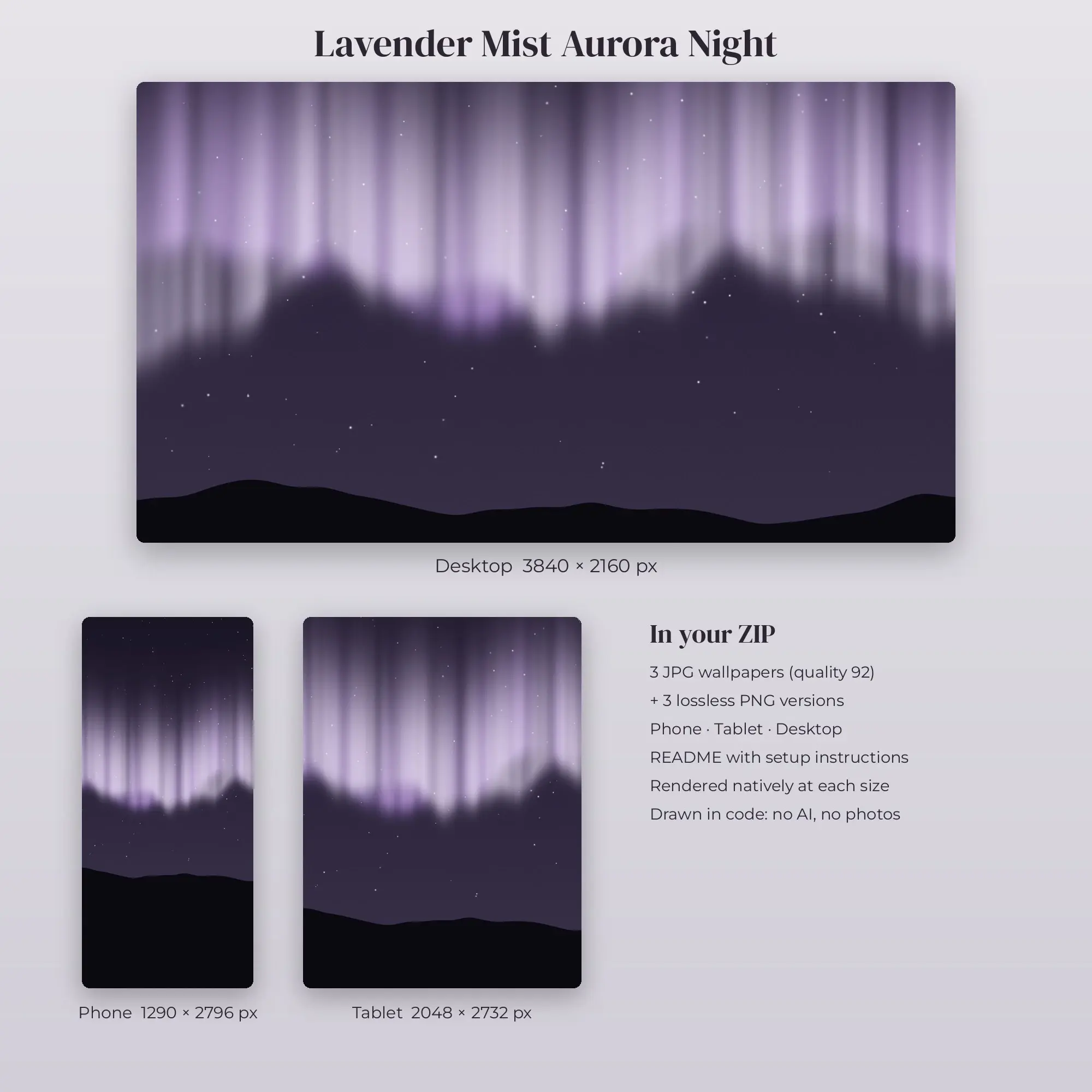 Lavender Mist Aurora Night Wallpaper Set – Phone, Tablet & Desktop, preview 2 of 2