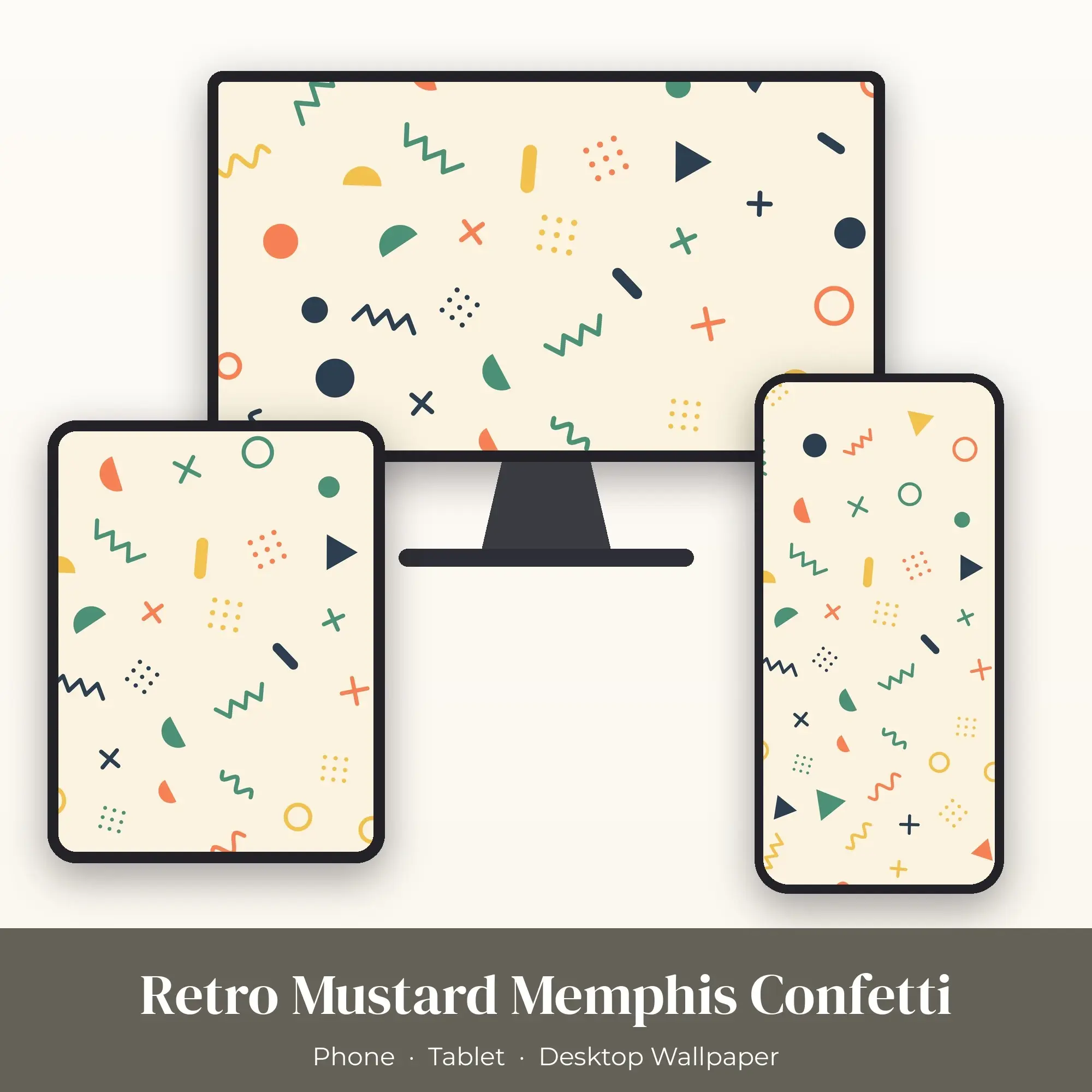 Retro Mustard Memphis Confetti Wallpaper Set – Phone, Tablet & Desktop preview