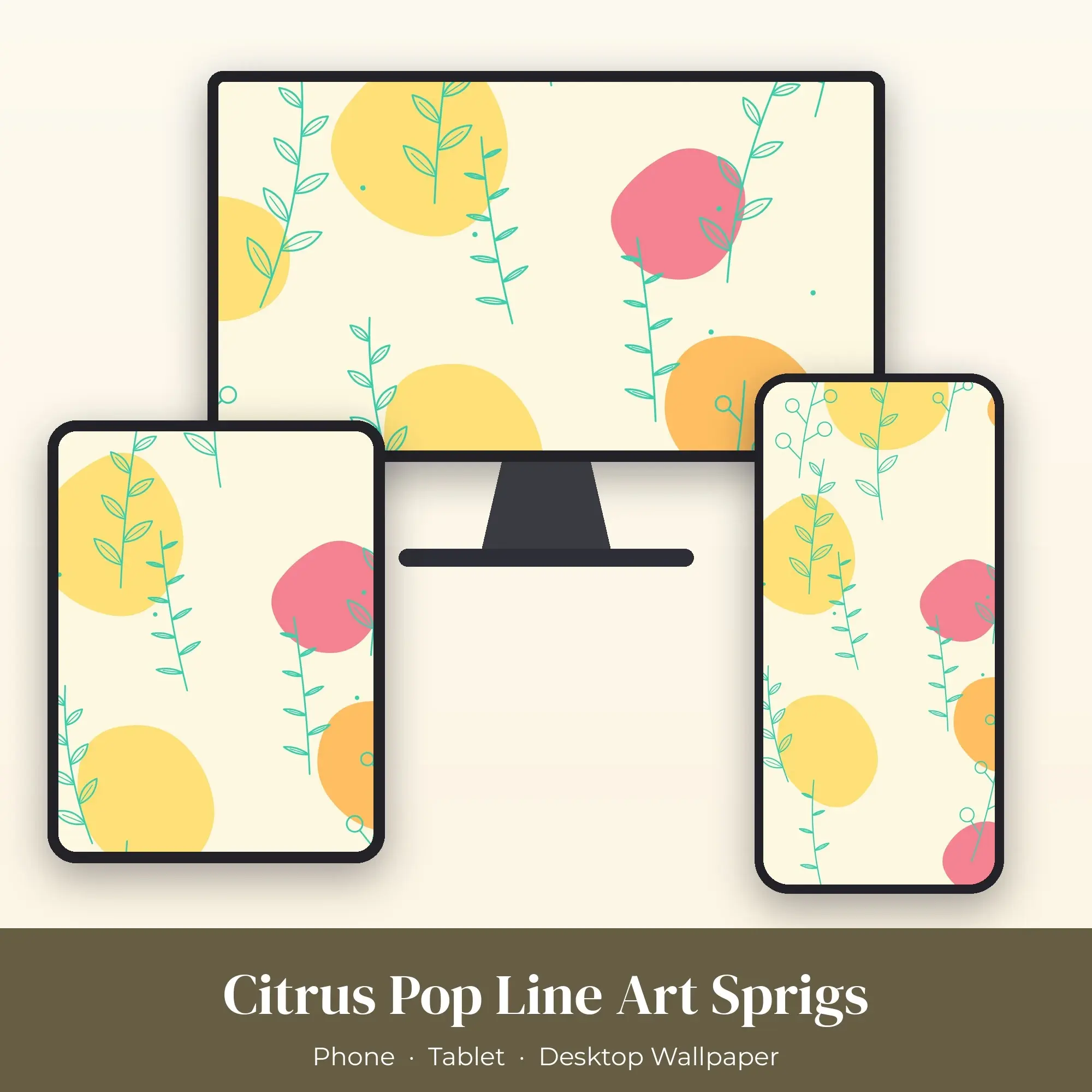 Citrus Pop Line Art Sprigs Wallpaper Set – Phone, Tablet & Desktop preview