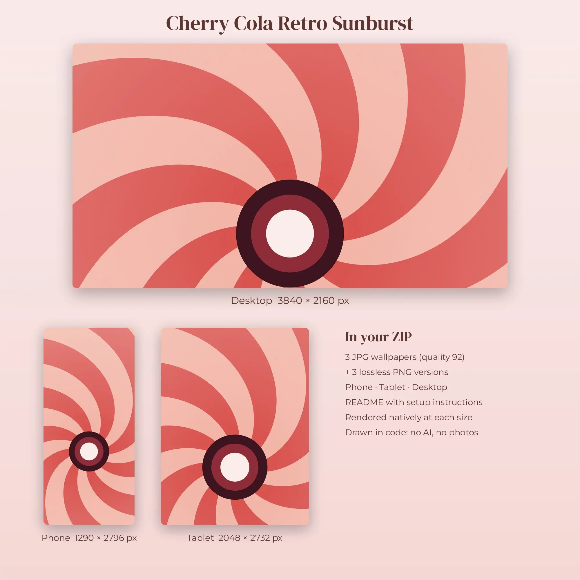 Cherry Cola Retro Sunburst Wallpaper Set – Phone, Tablet & Desktop, preview 2 of 2