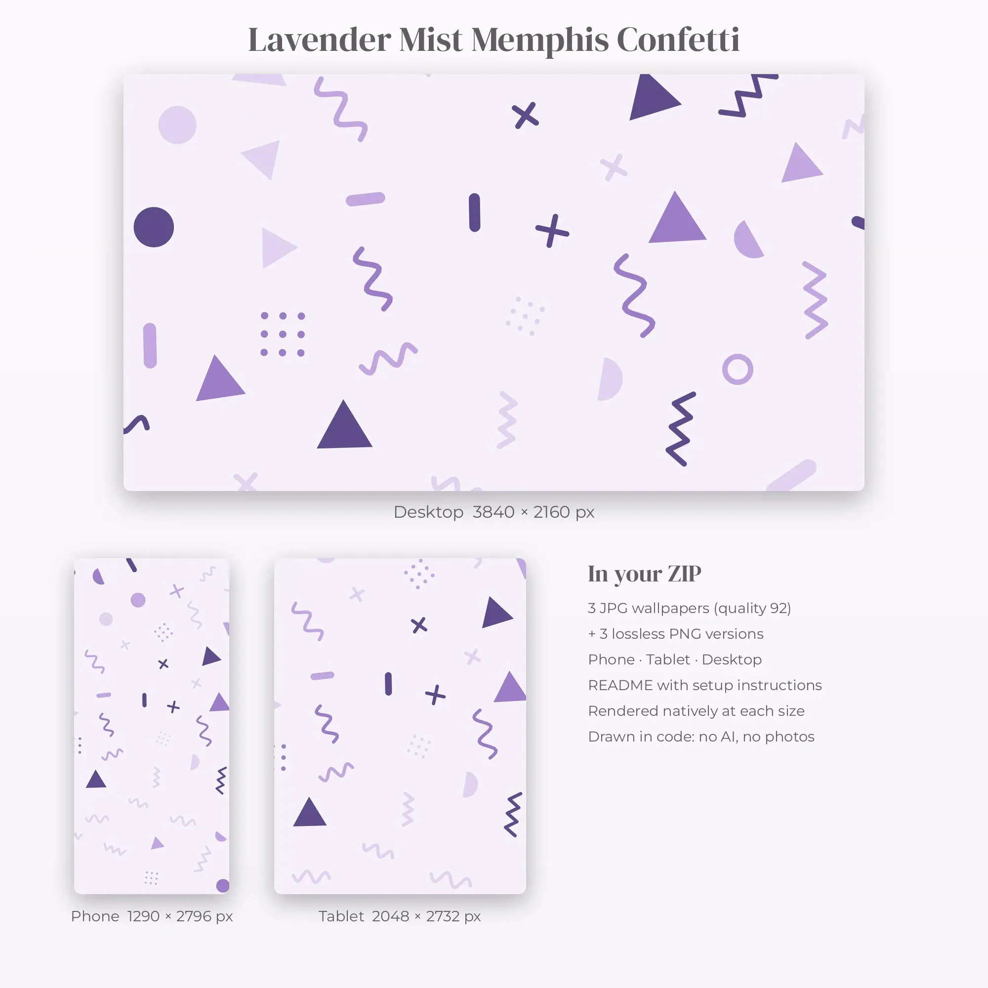 Lavender Mist Memphis Confetti Wallpaper Set – Phone, Tablet & Desktop, preview 2 of 2
