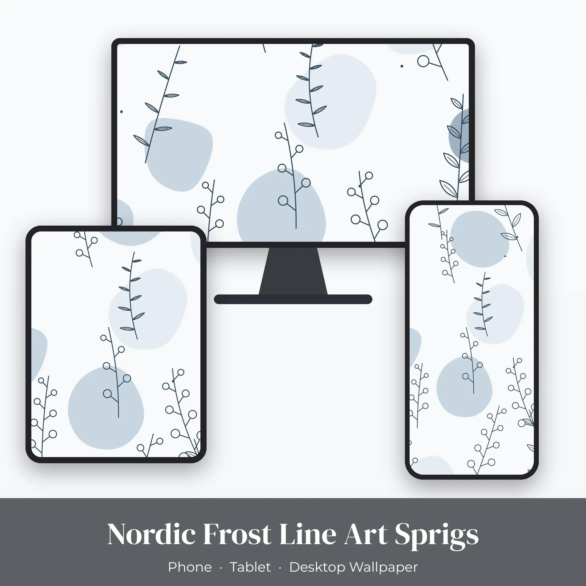 Nordic Frost Line Art Sprigs Wallpaper Set – Phone, Tablet & Desktop preview