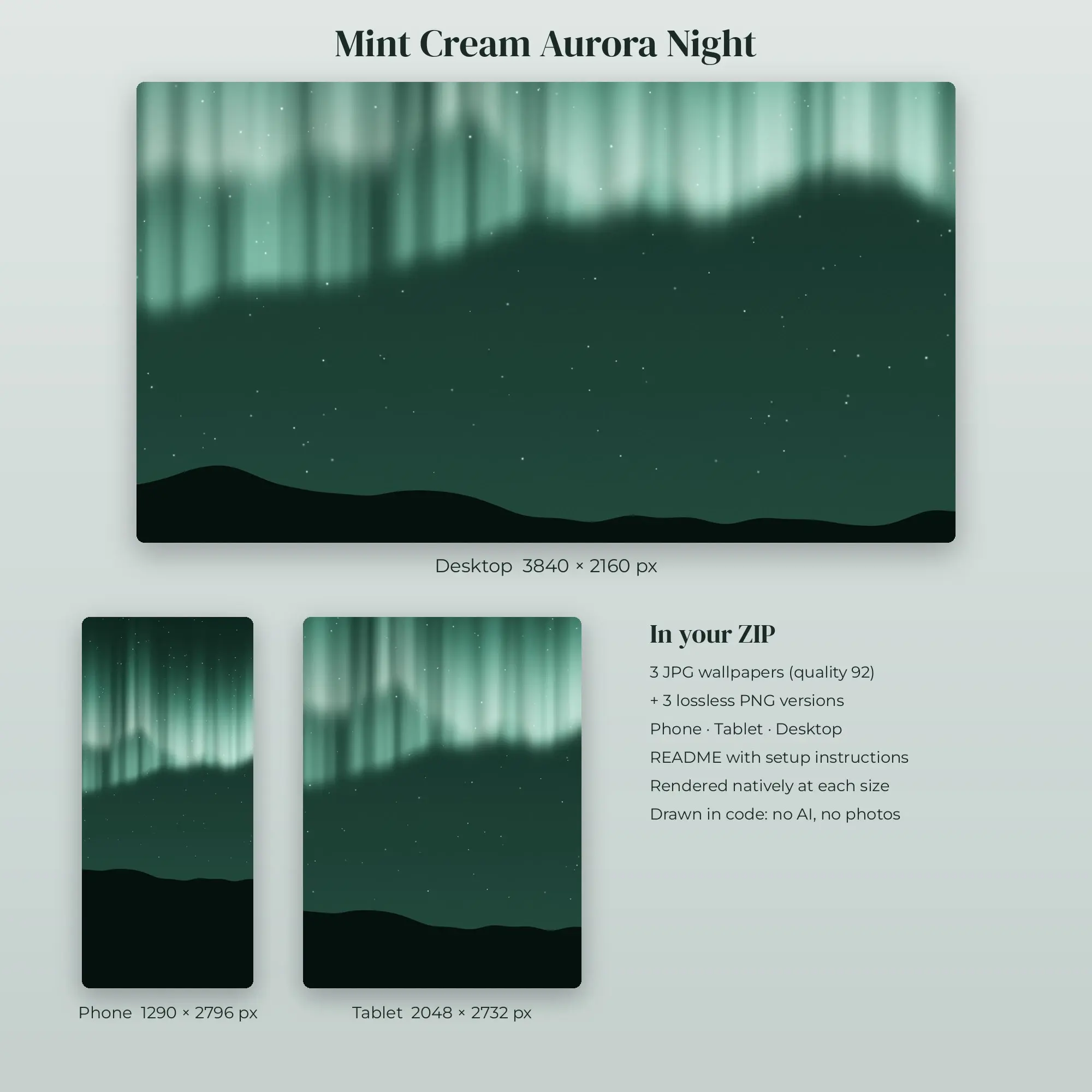 Mint Cream Aurora Night Wallpaper Set – Phone, Tablet & Desktop, preview 2 of 2