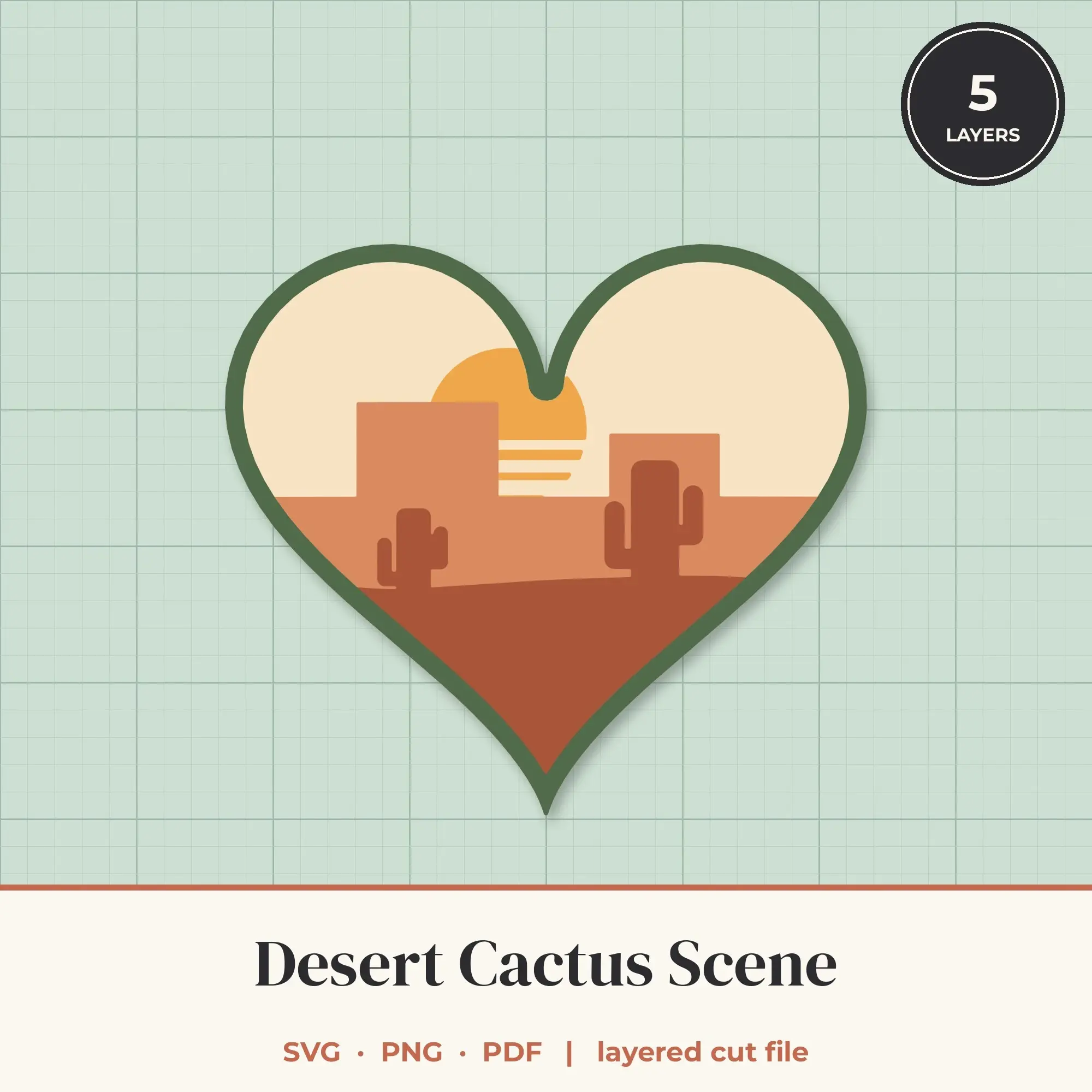Desert Cactus Heart Layered SVG - 5 Layer Landscape Cut File preview