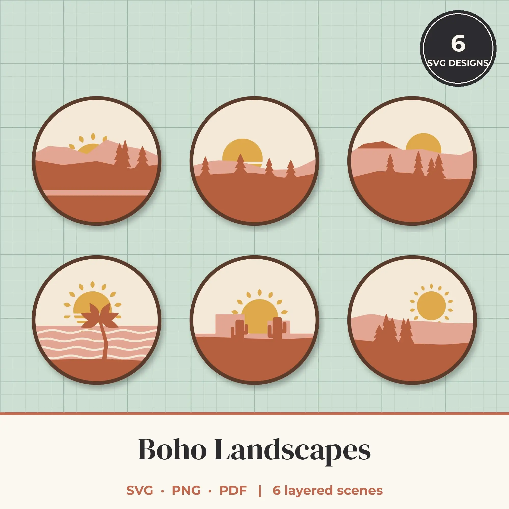 Boho Round Landscape Layered SVG Bundle - 6 Scenes preview