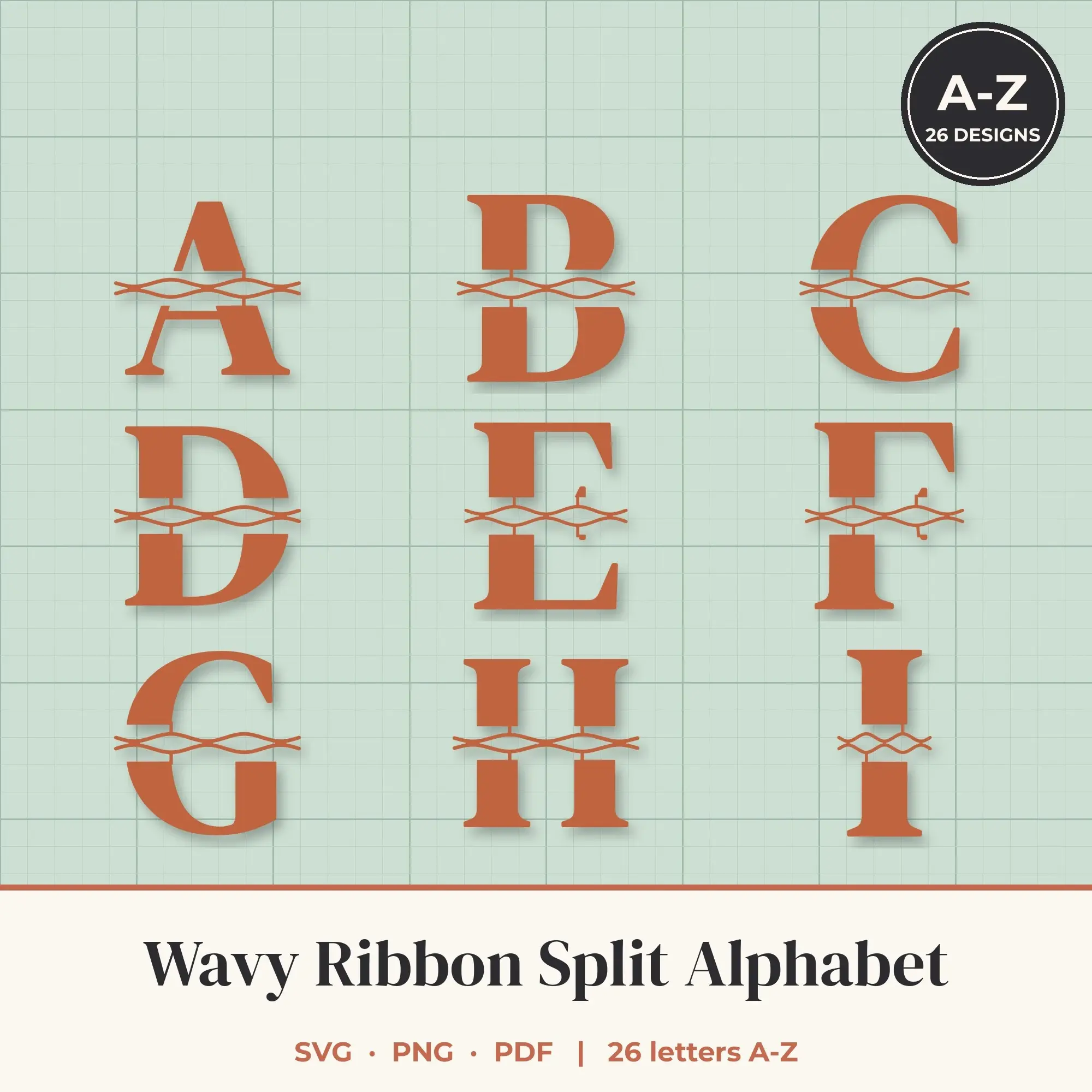 Wavy Ribbon Split Letter Alphabet SVG Bundle - Chunky Serif A to Z, preview 1 of 2