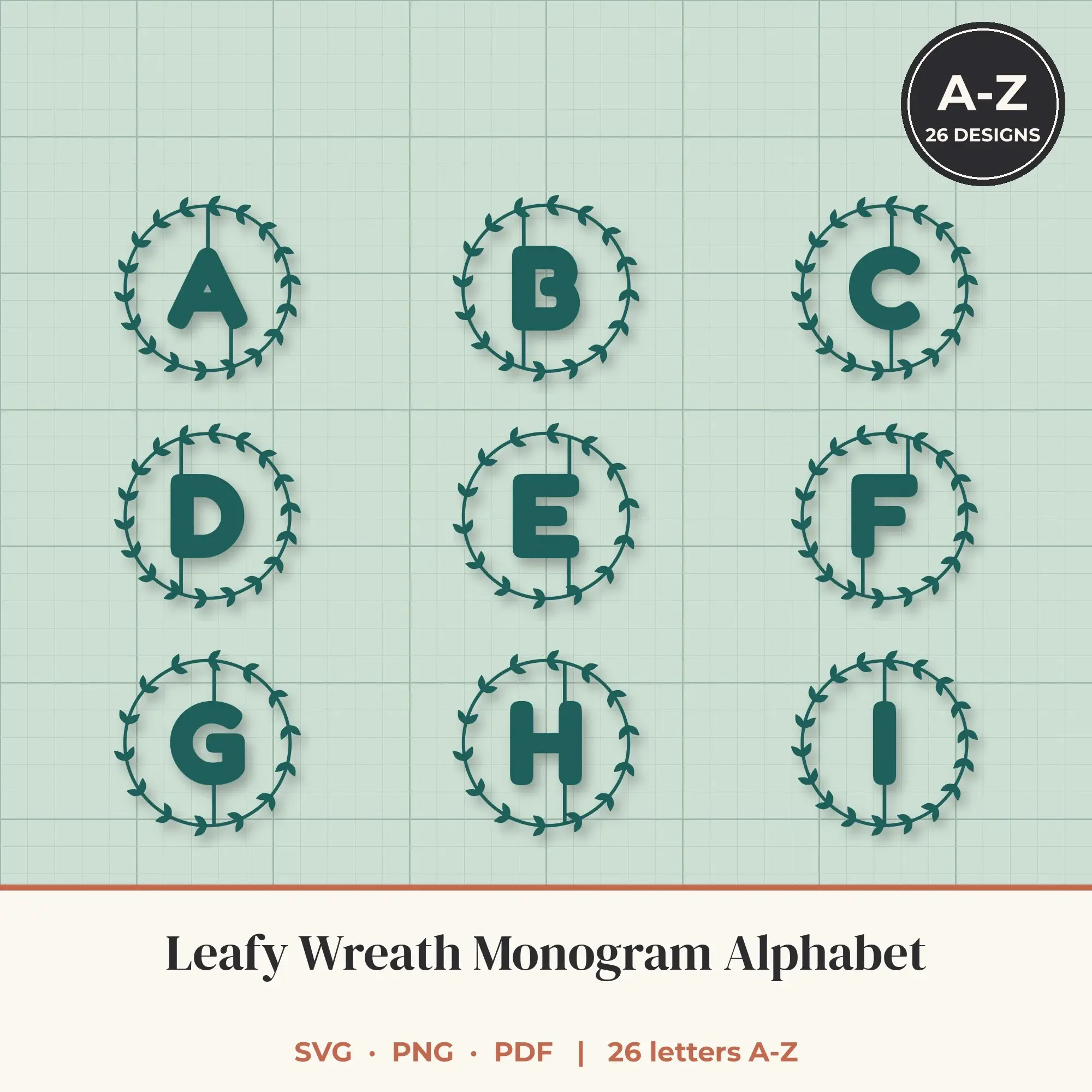 Leafy Wreath Monogram Alphabet SVG Bundle - Rounded A to Z preview