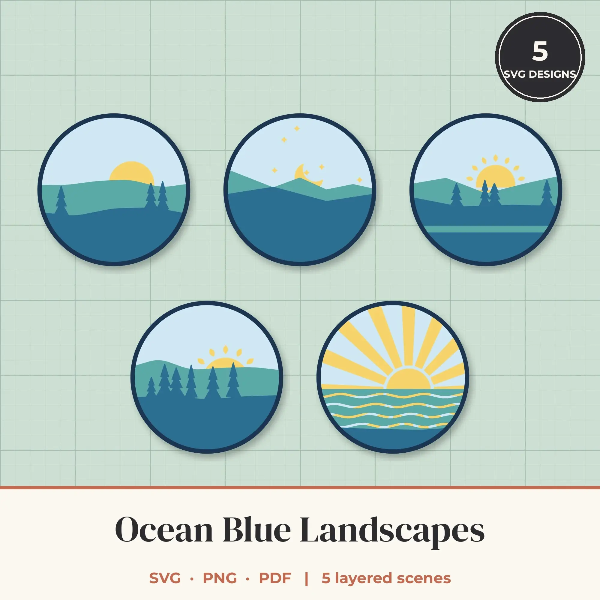 Ocean Blue Round Landscape Layered SVG Bundle - 5 Scenes preview
