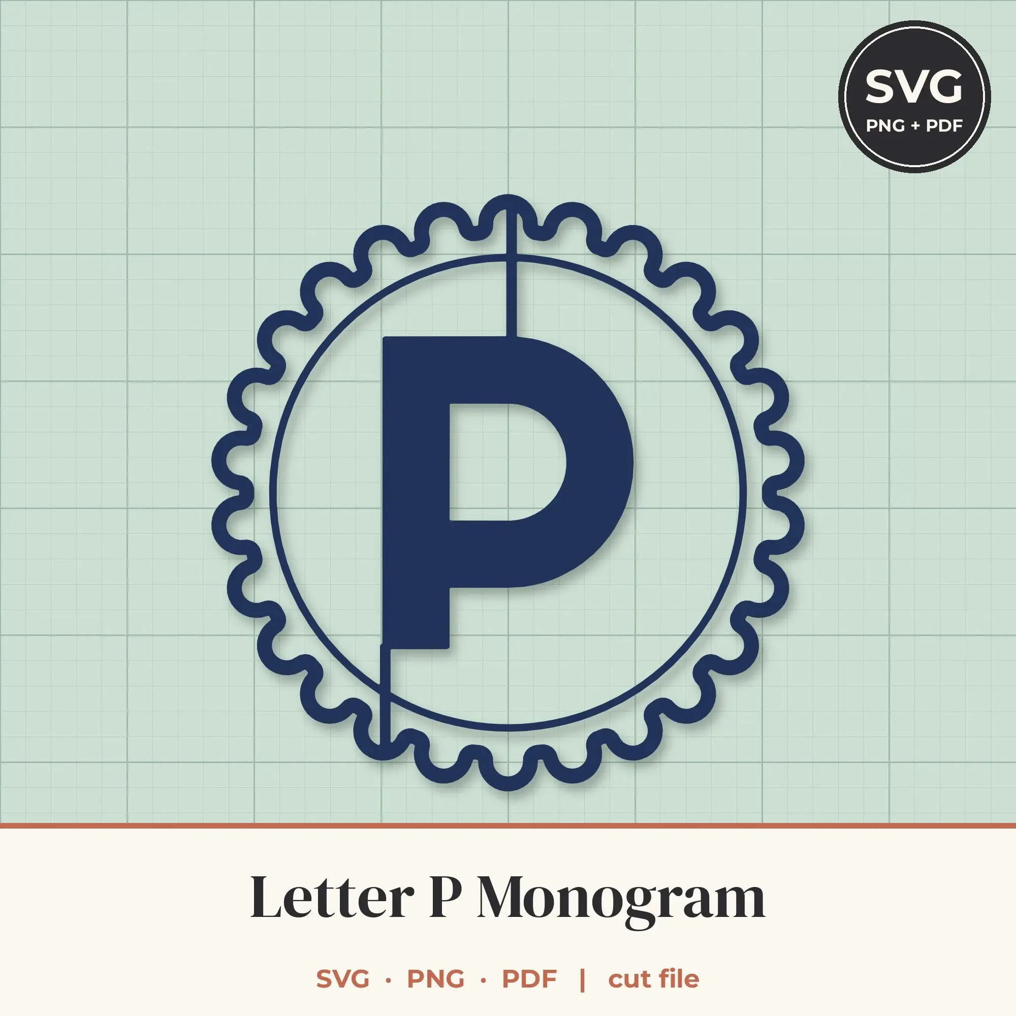 Letter P Scalloped Circle Monogram SVG Cut File preview