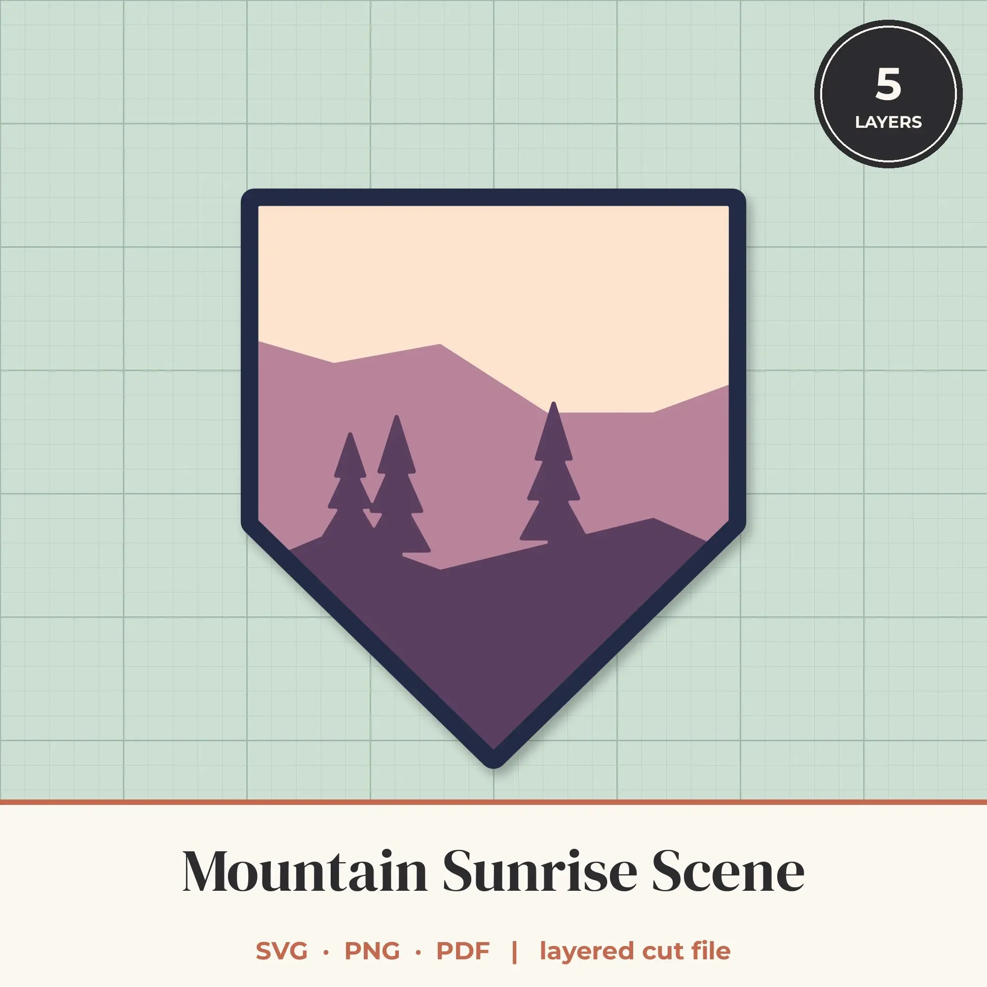 Mountain Sunrise Badge Layered SVG - 5 Layer Landscape Cut File preview