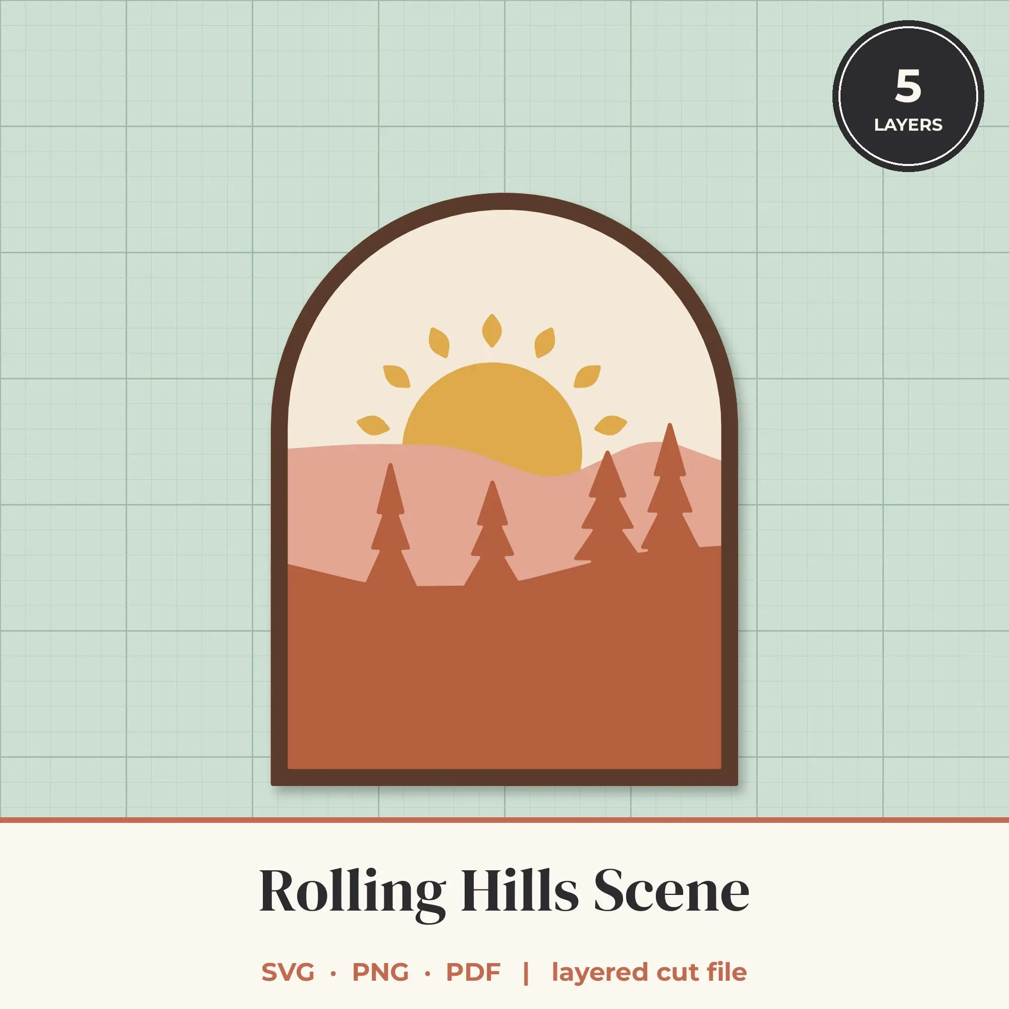 Rolling Hills Arch Layered SVG - 5 Layer Landscape Cut File preview