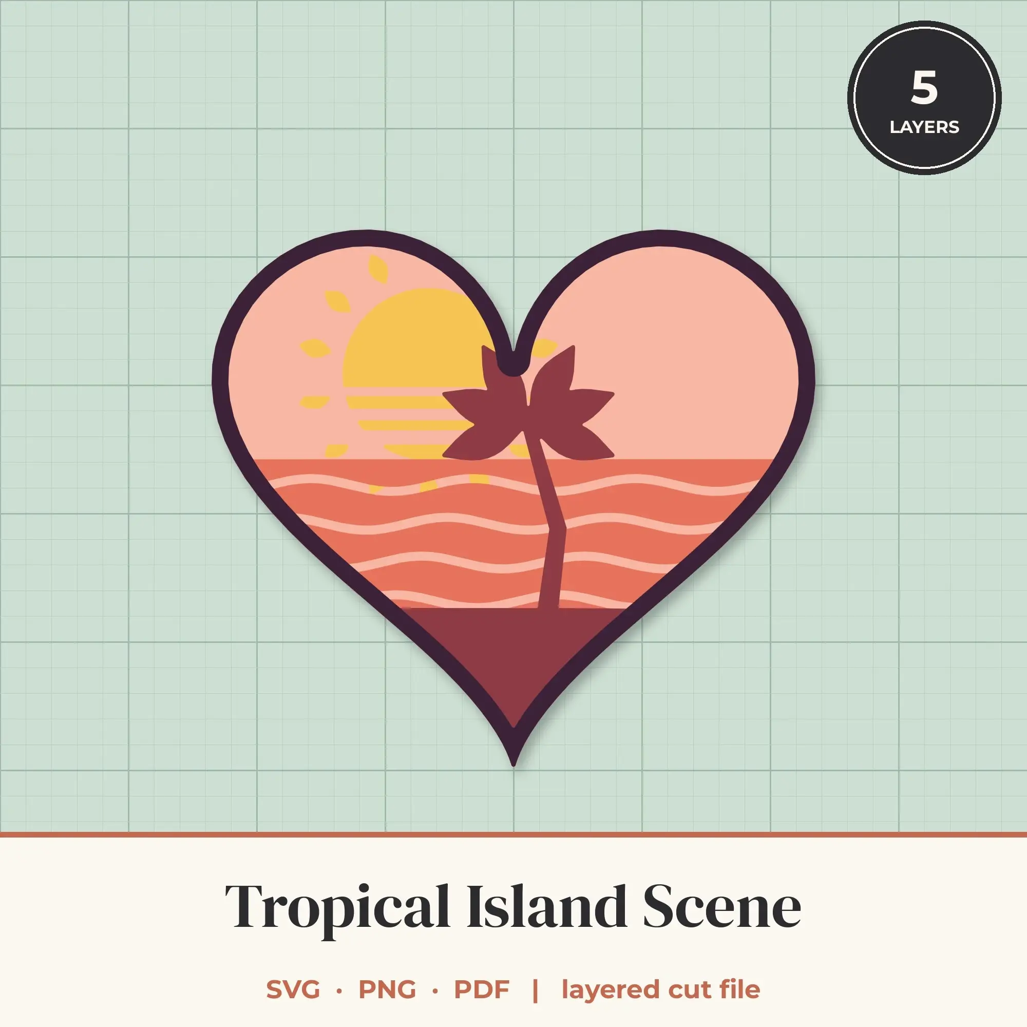 Tropical Island Heart Layered SVG - 5 Layer Landscape Cut File preview