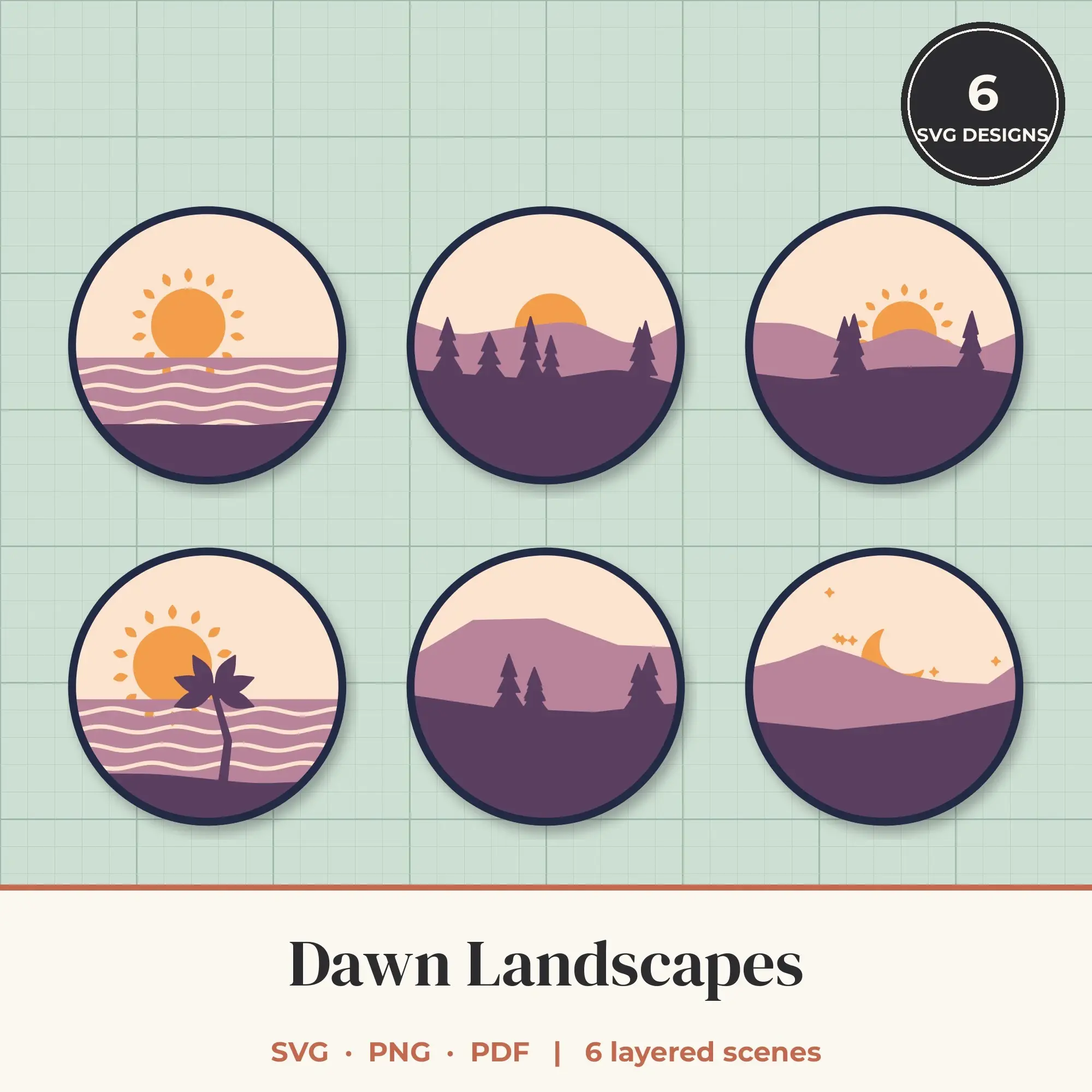 Dawn Round Landscape Layered SVG Bundle - 6 Scenes preview