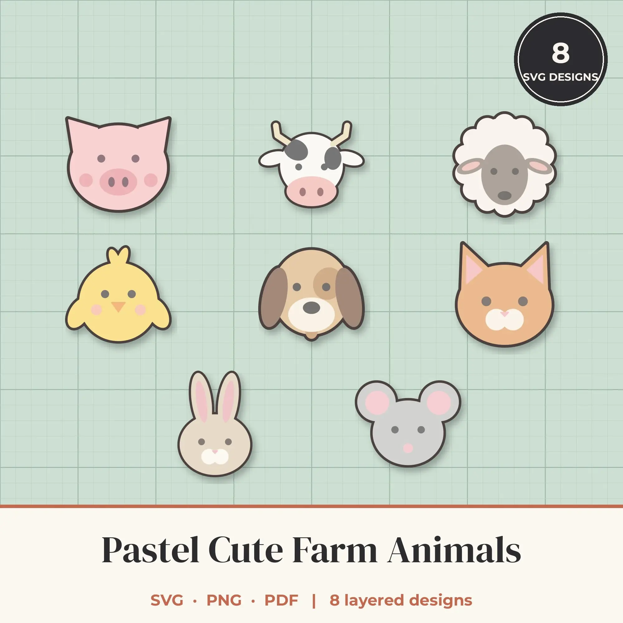 Pastel Cute Farm Animals SVG Bundle - 8 Layered Cut Files preview