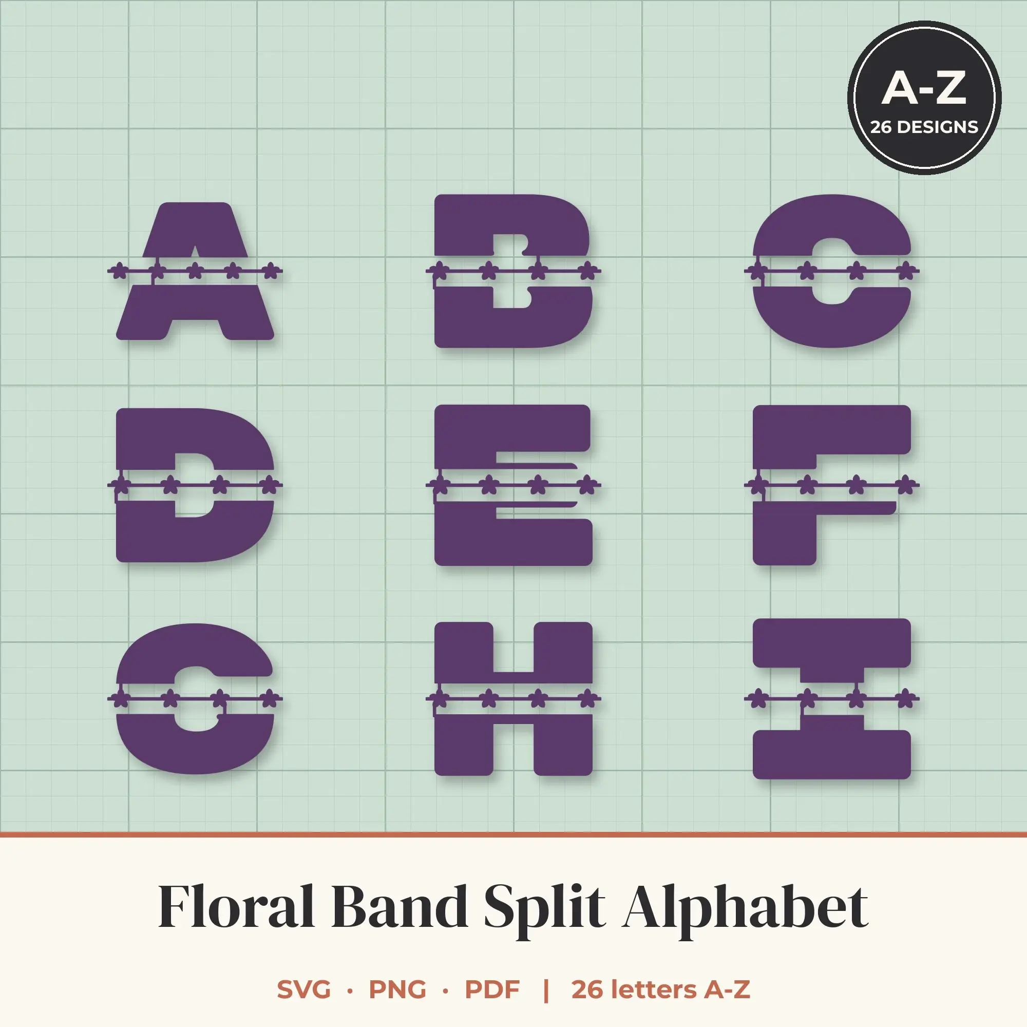 Floral Band Split Letter Alphabet SVG Bundle - Bold Block A to Z preview