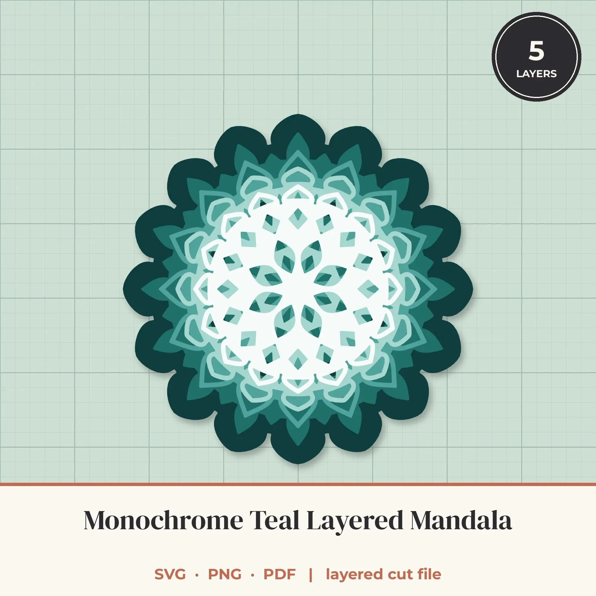 Monochrome Teal Layered Mandala SVG - 5 Layer 16-Fold Design preview