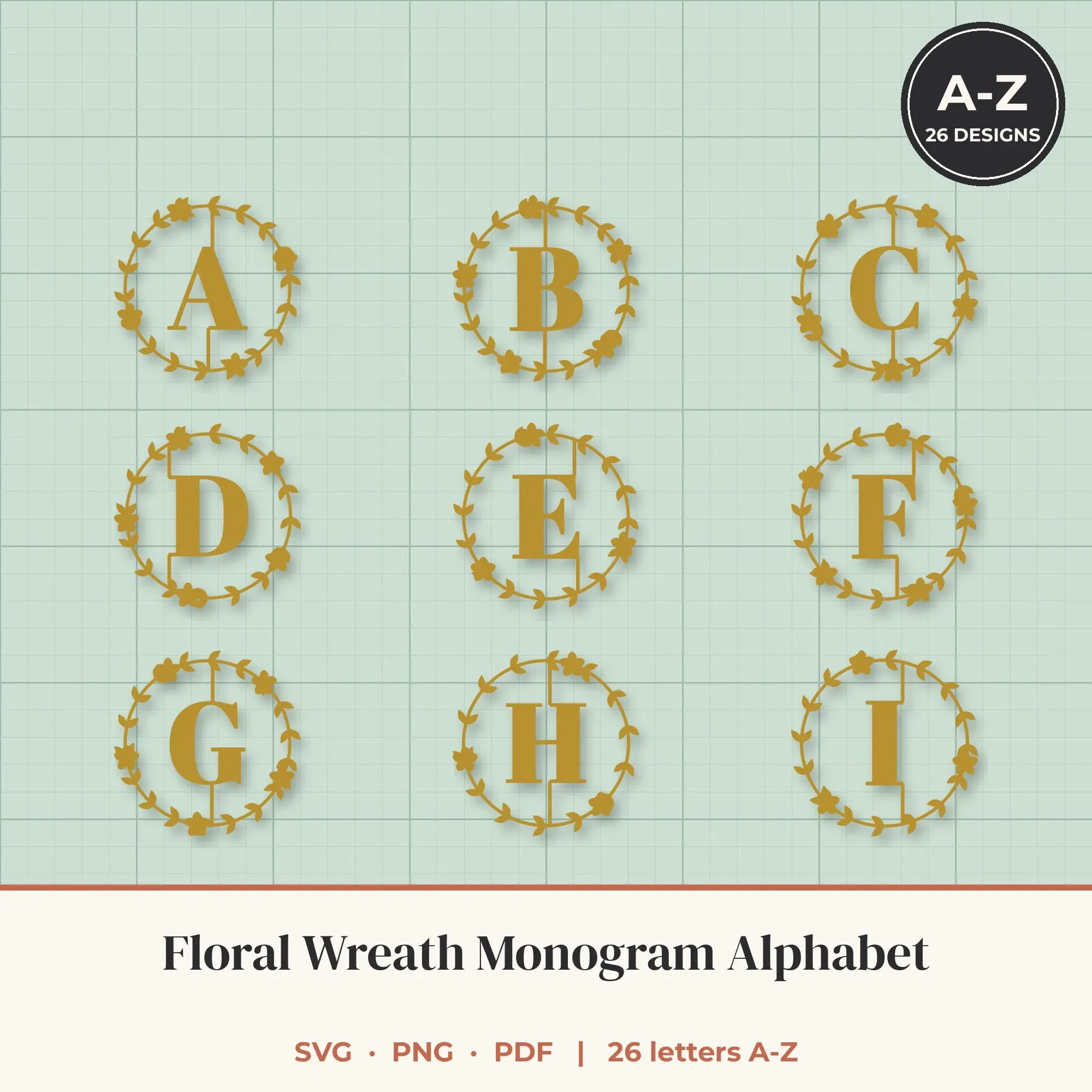 Floral Wreath Monogram Alphabet SVG Bundle - Serif A to Z preview