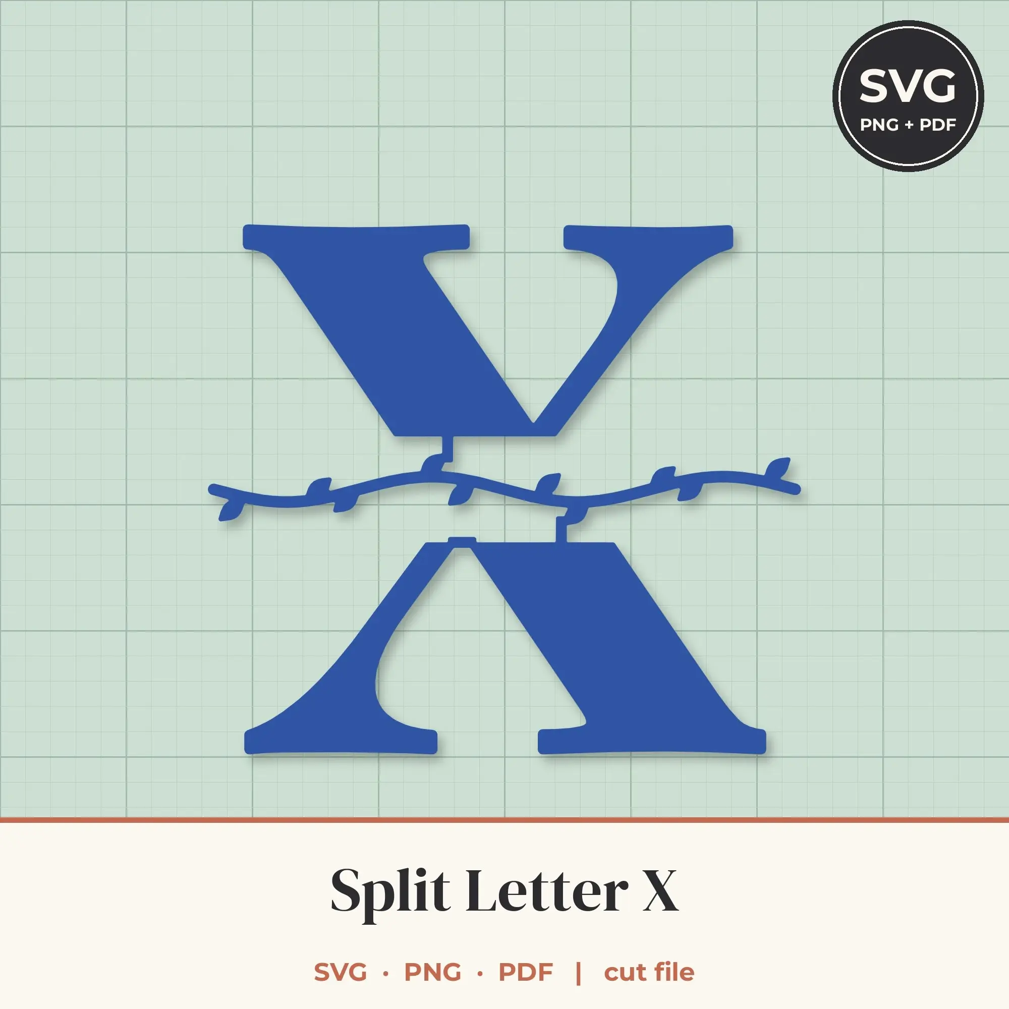 Letter X Split Monogram SVG - Leafy Vine Cut File, preview 1 of 2