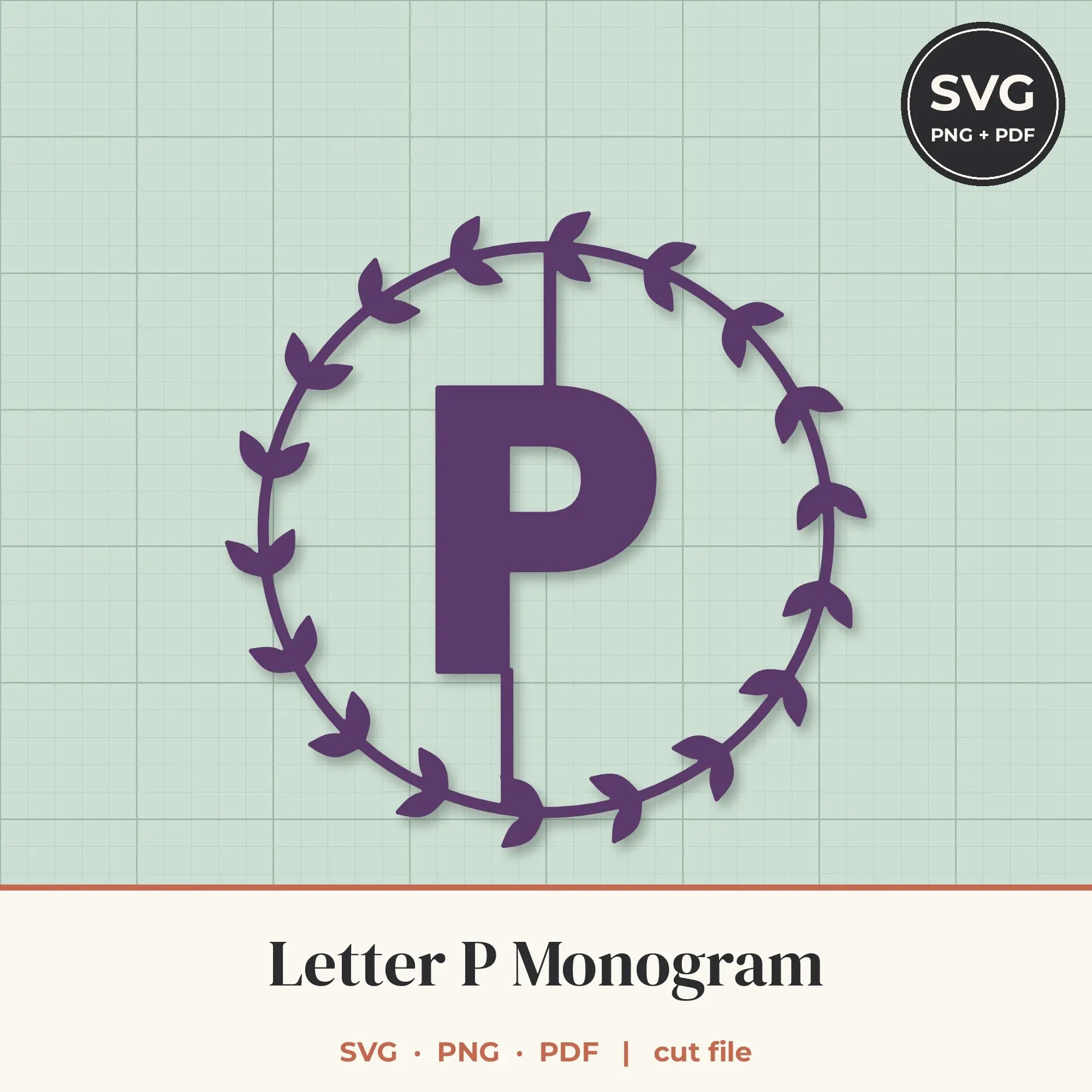 Letter P Leafy Wreath Monogram SVG Cut File preview