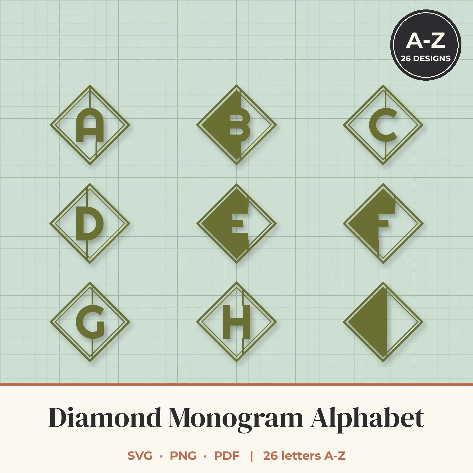 Diamond Monogram Alphabet SVG Bundle - Rounded A to Z preview