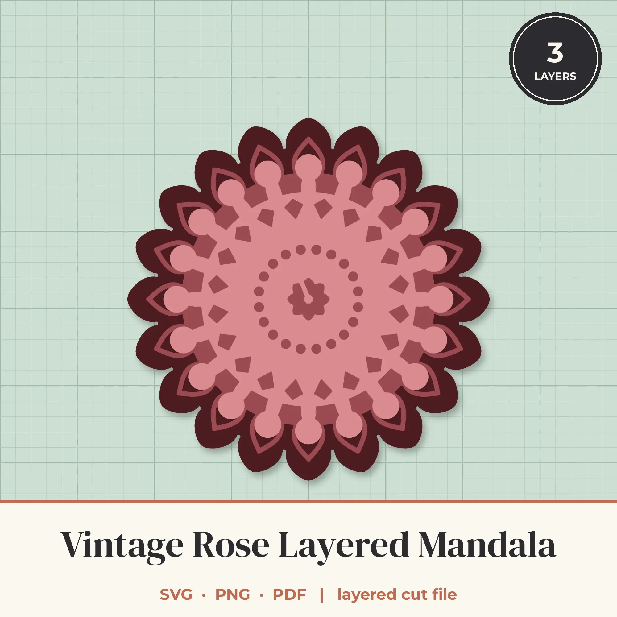 Vintage Rose Layered Mandala SVG - 3 Layer 20-Fold Design preview