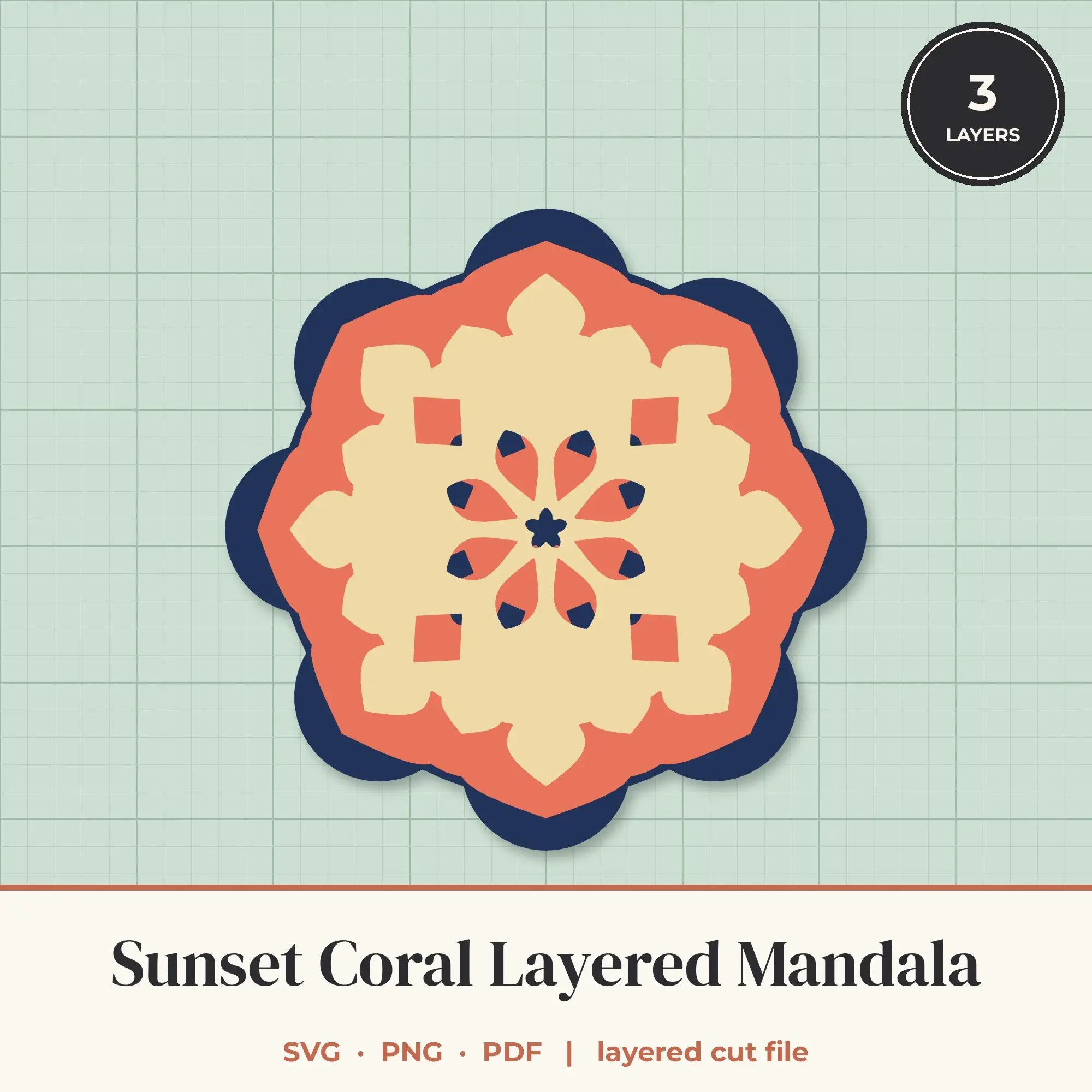 Sunset Coral Layered Mandala SVG - 3 Layer 8-Fold Design preview
