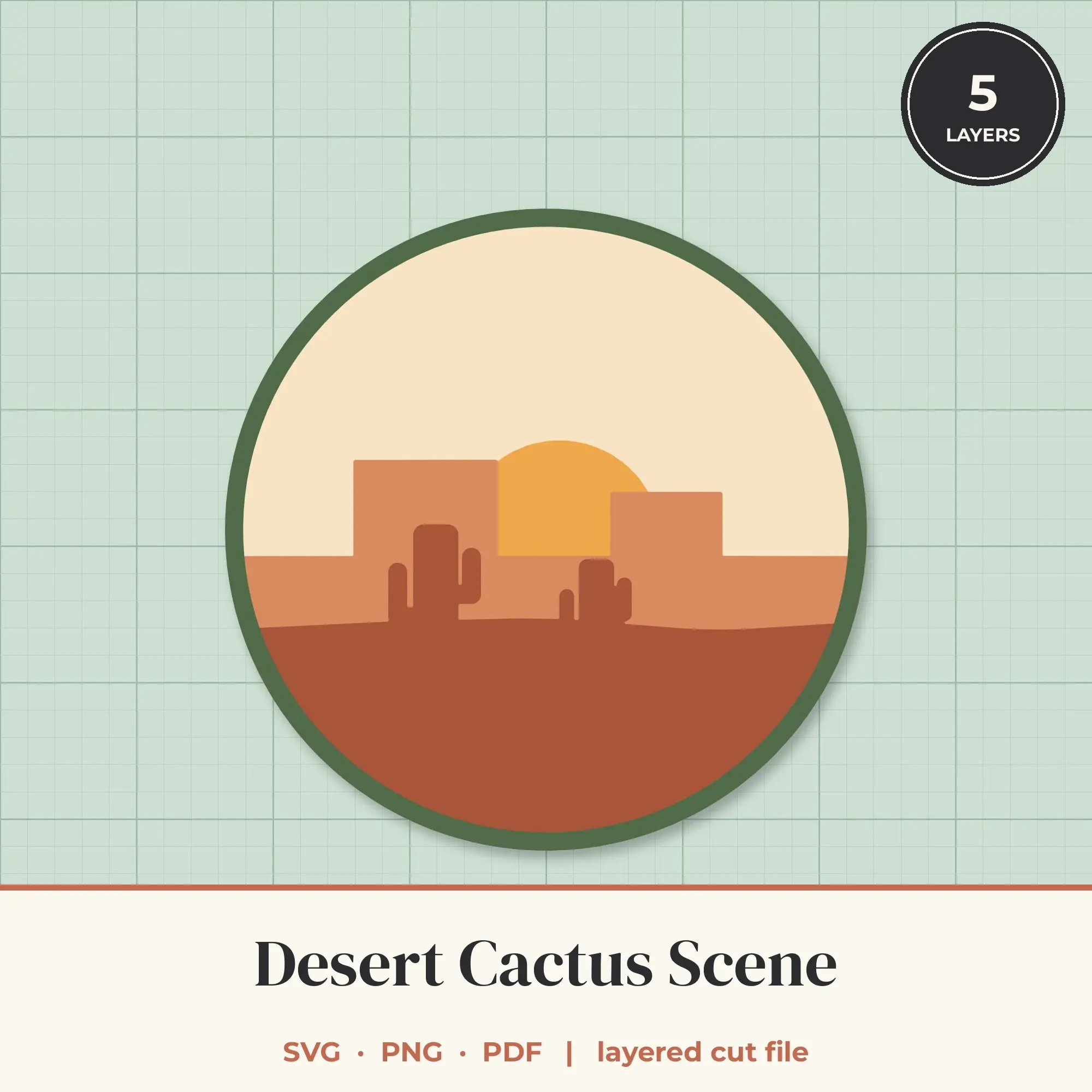 Desert Cactus Round Layered SVG - 5 Layer Landscape Cut File preview