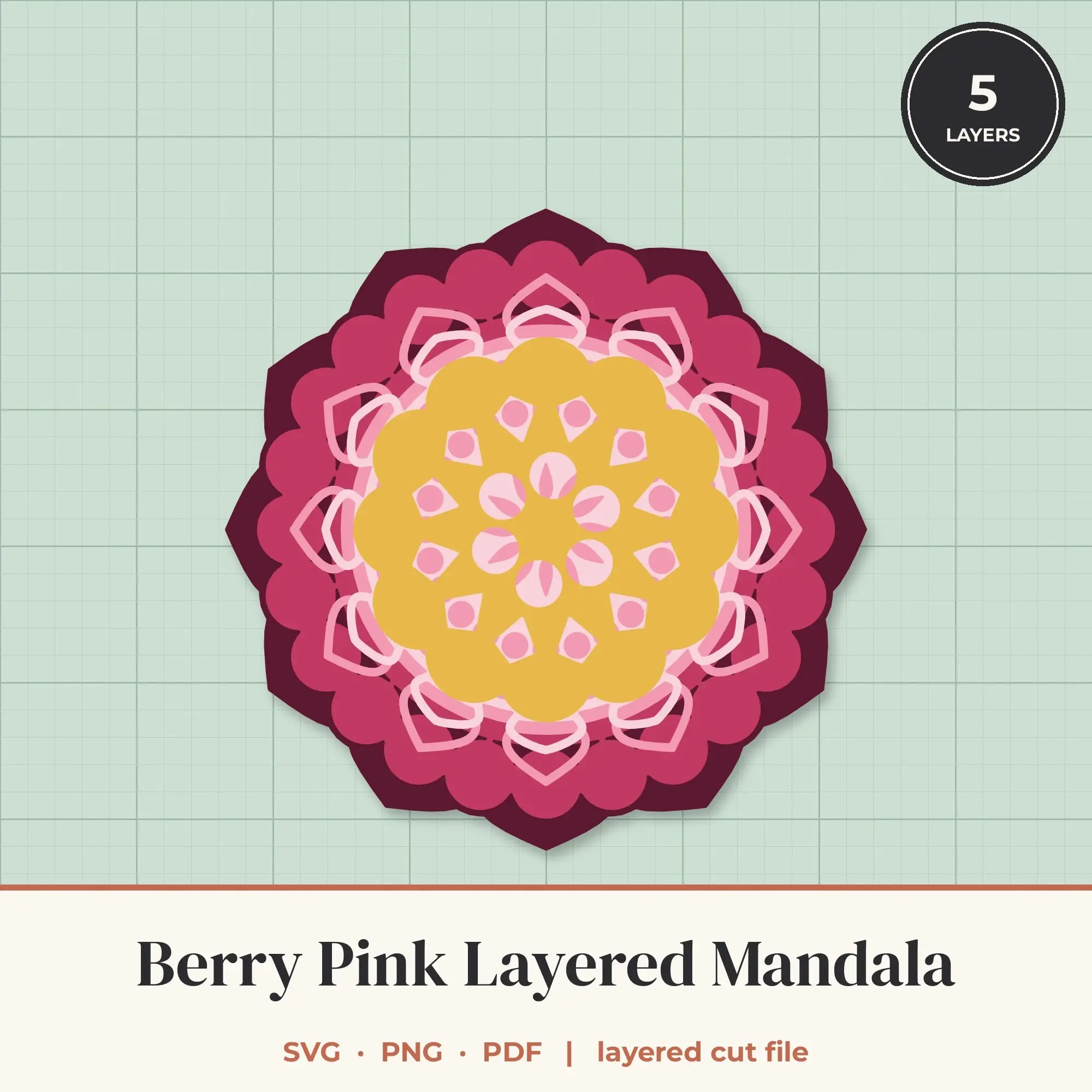 Berry Pink Layered Mandala SVG - 5 Layer 12-Fold Design preview