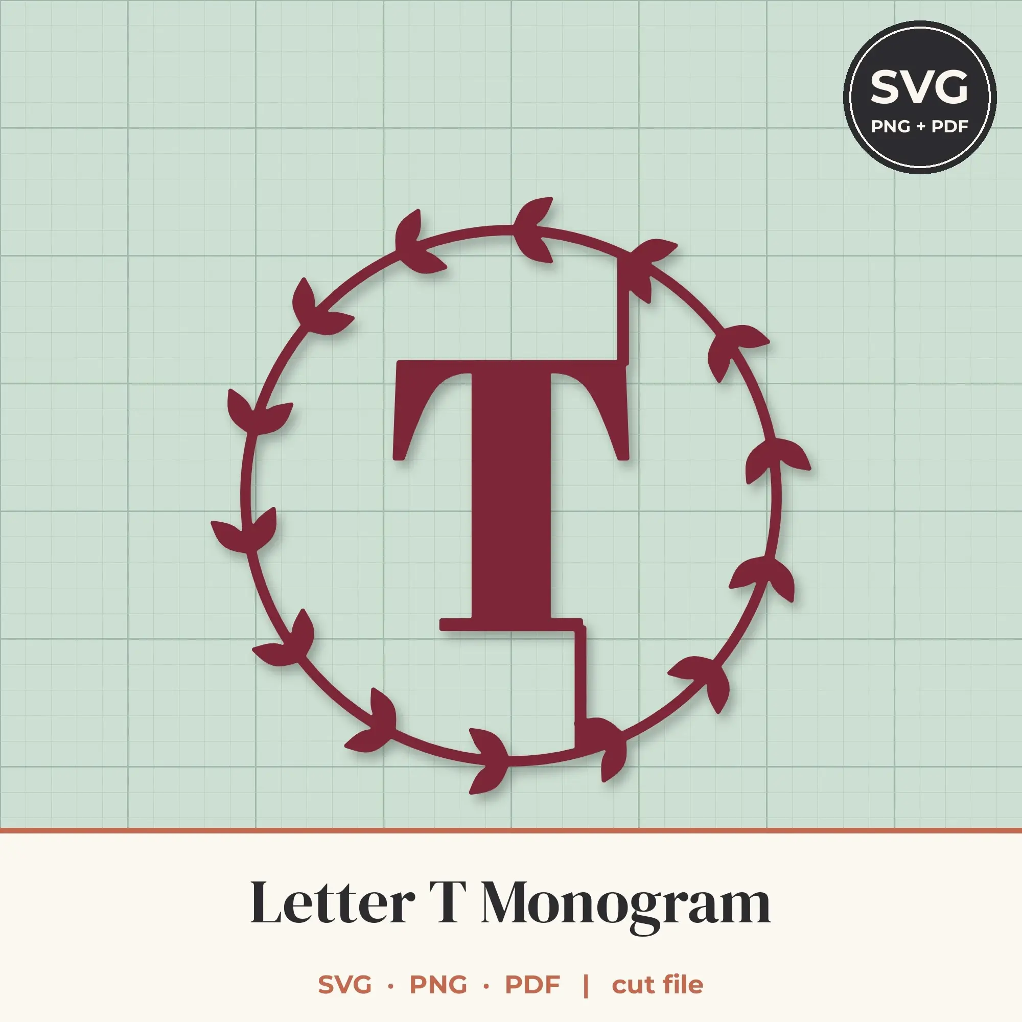 Letter T Leafy Wreath Monogram SVG Cut File preview