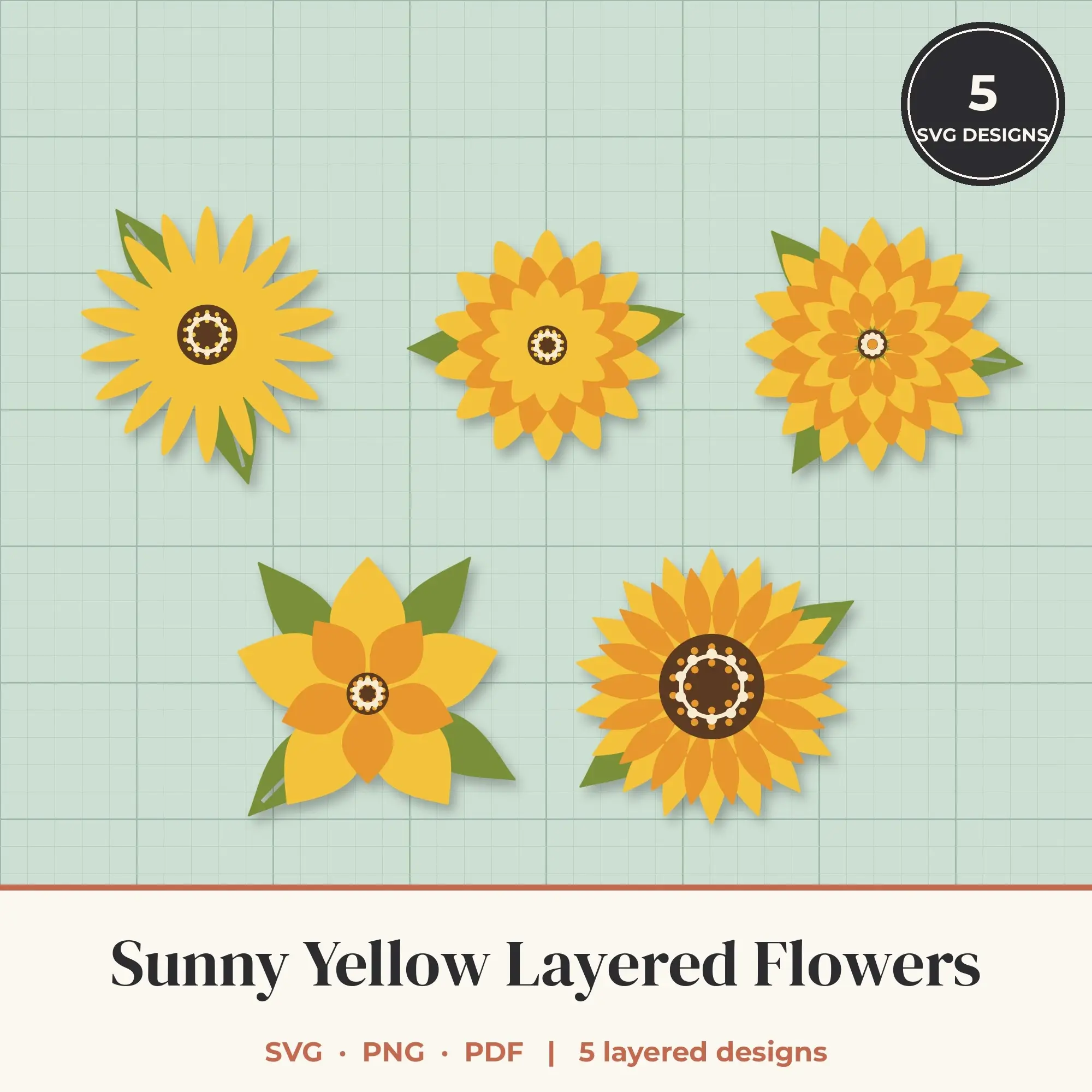 Sunny Yellow Layered Flower SVG Bundle - 5 Blooms preview