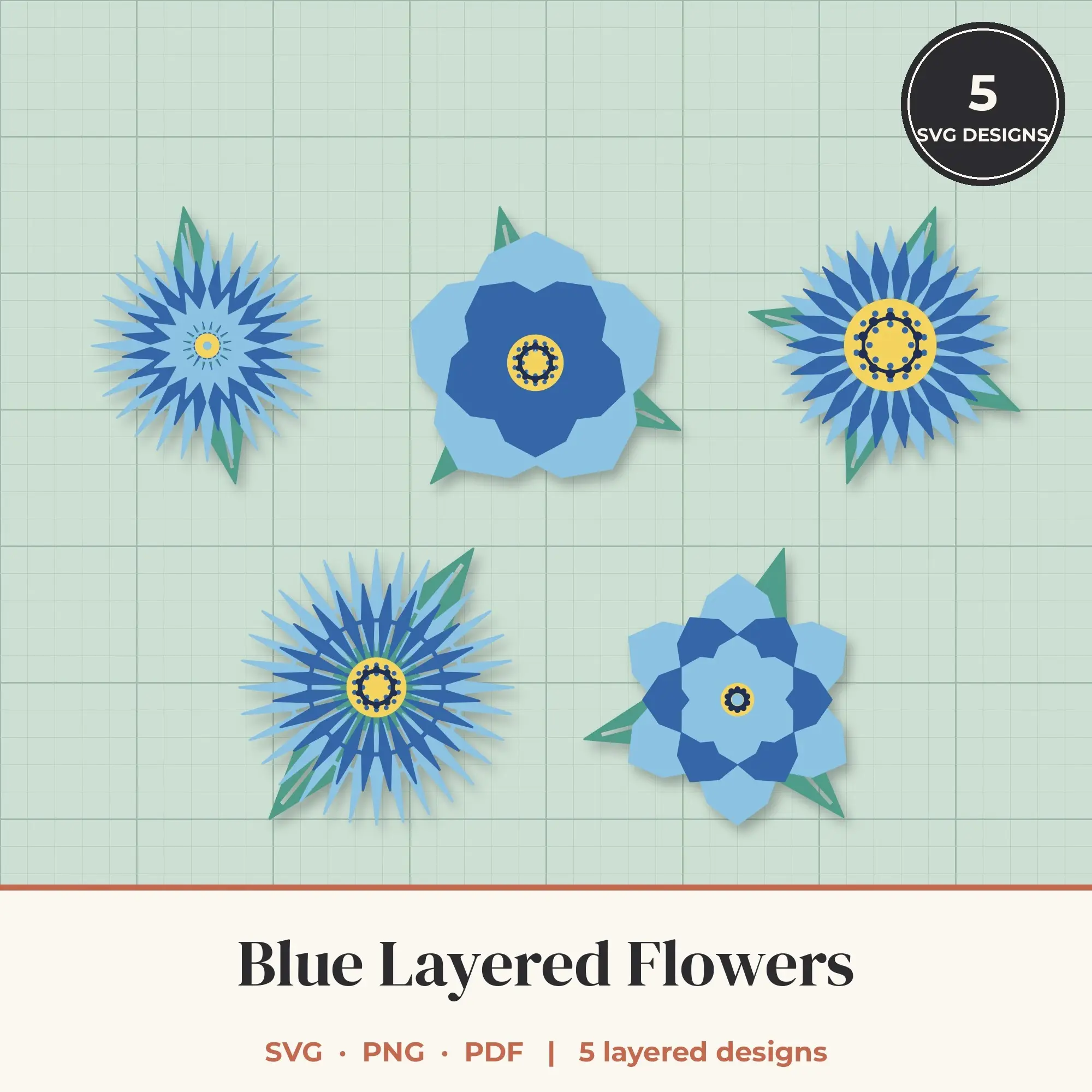 Blue Layered Flower SVG Bundle - 5 Geometric Blooms preview